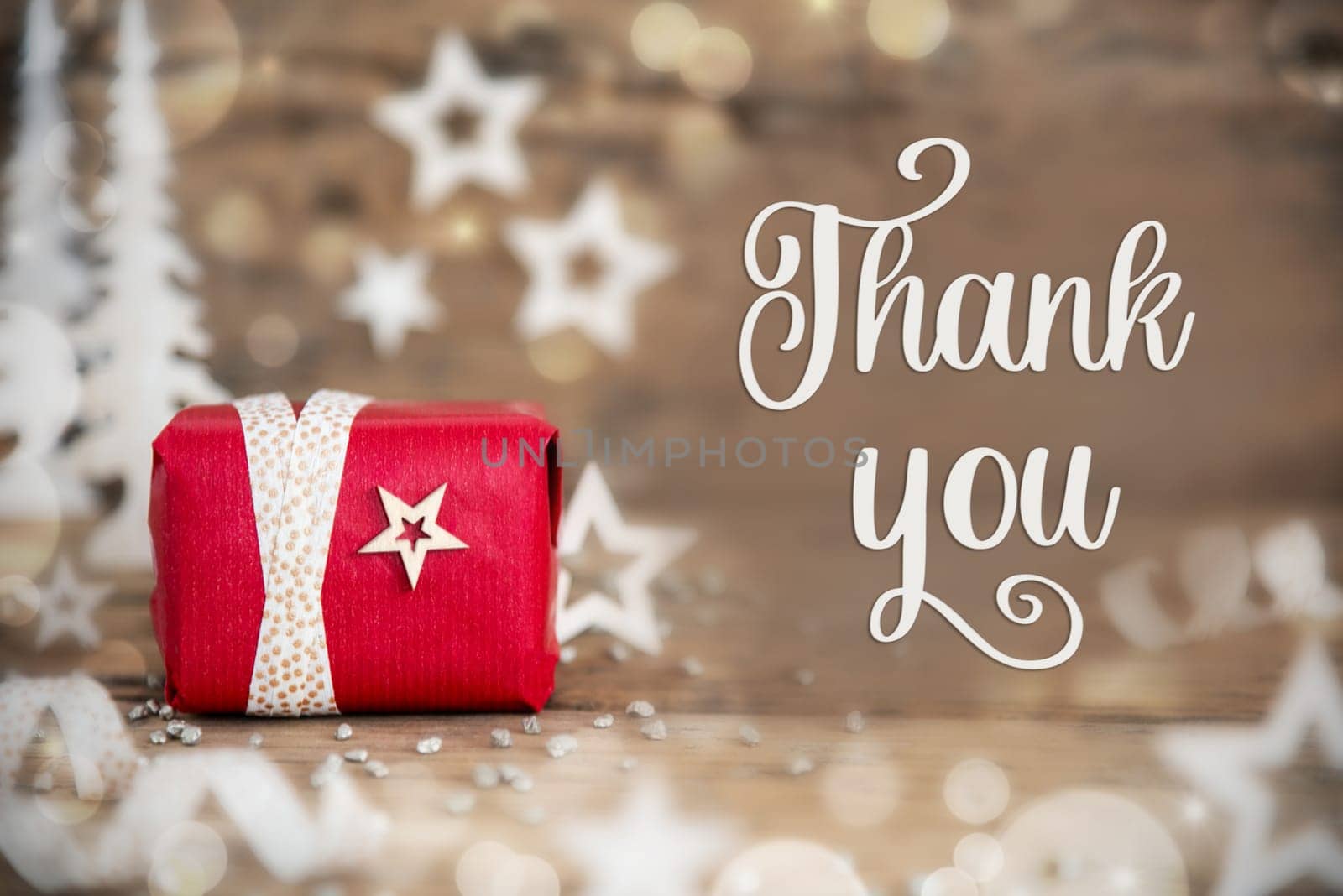 Text Thank You, With Christmas Gift, Wooden Background, Stars, Winter or Christmas Decoration