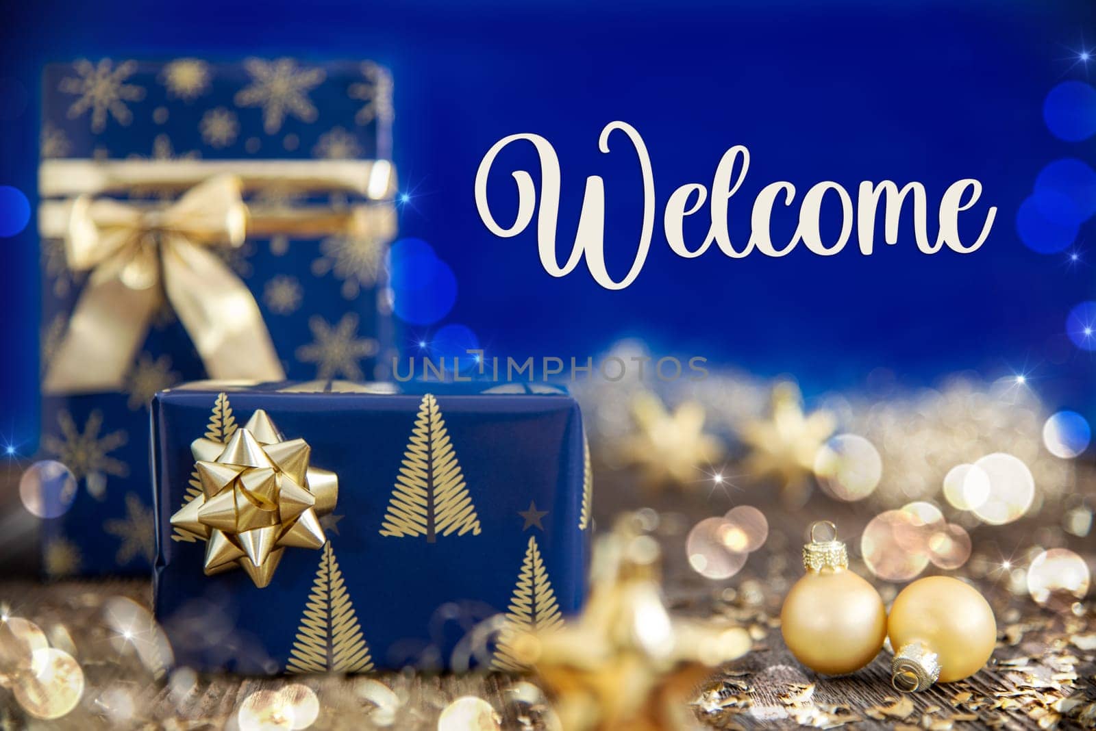 Text Welcome, Golden Blue Shiny Christmas Decor, Winter Background