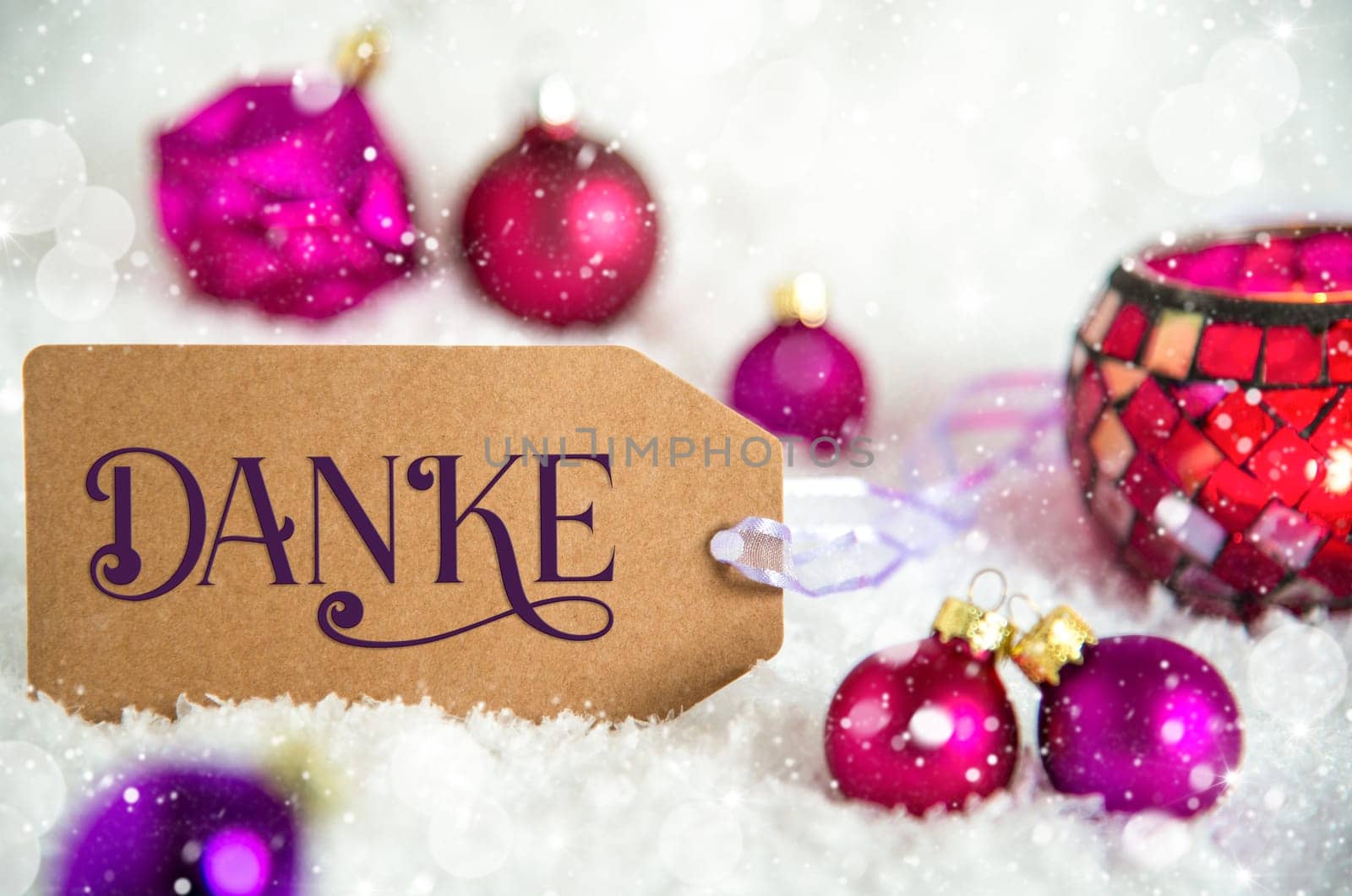 Label With German Text Danke, Means Thanks In English, Purple Christmas Decoration, Snow And Winter Background