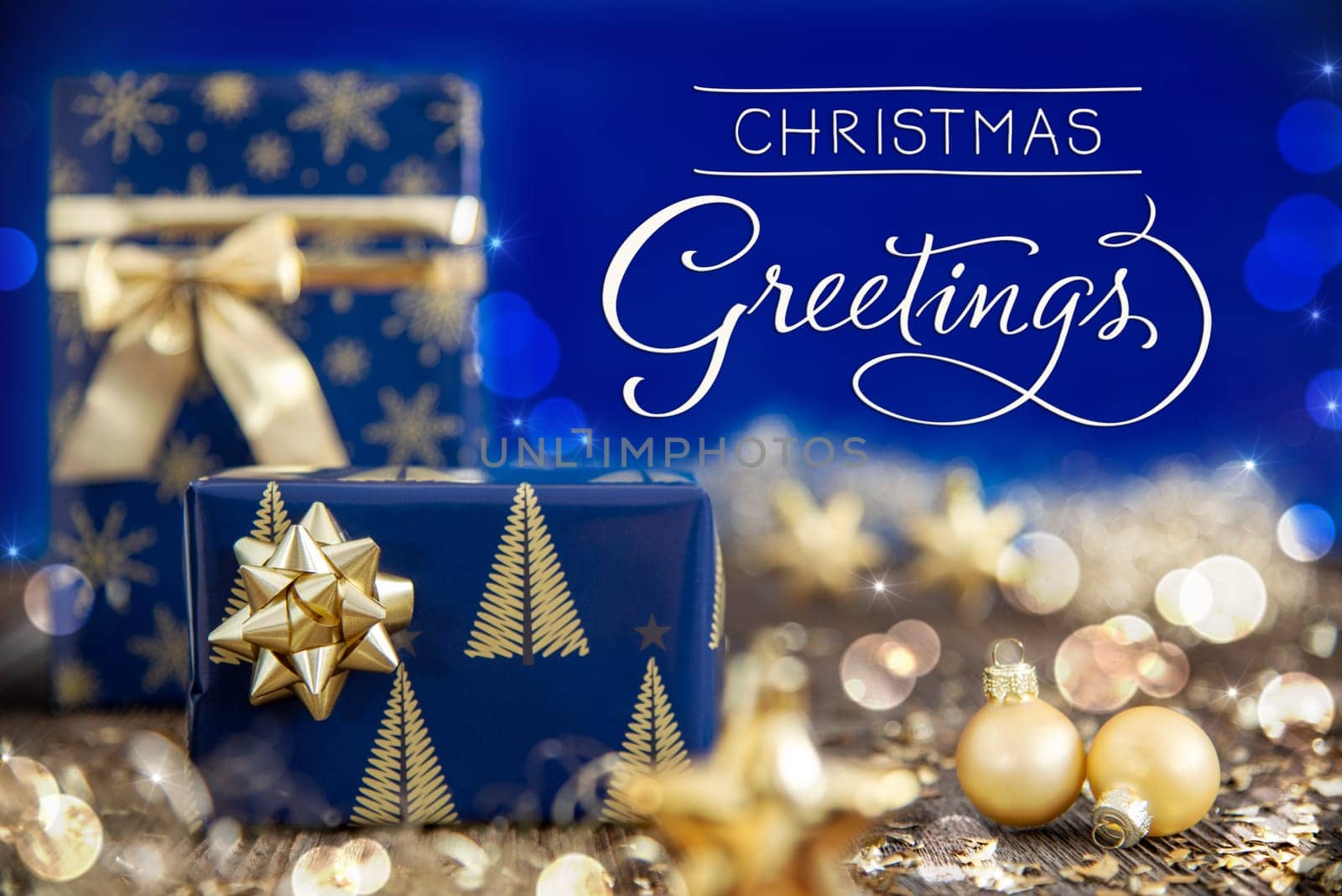 Text Christmas Greetings, Golden Blue Shiny Christmas Decor, Winter Background