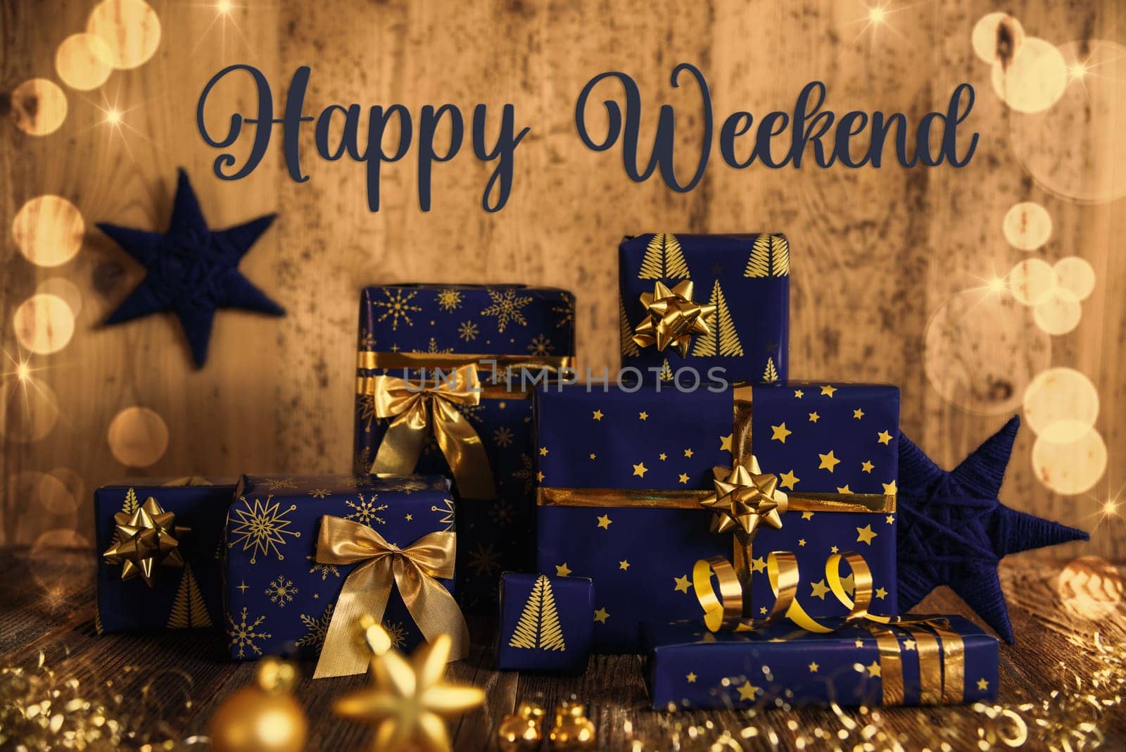 Text Happy Weekend, Many Blue Christmas Presents, Christmas Background, Wooden Winter Decor