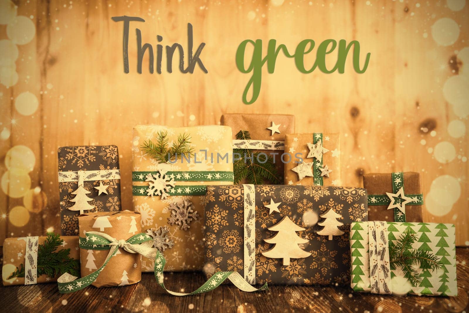 Text Think Green, Eco Friendly, Sustainable, Rustic, Green Wrapped Christmas Gifts, Winter Background