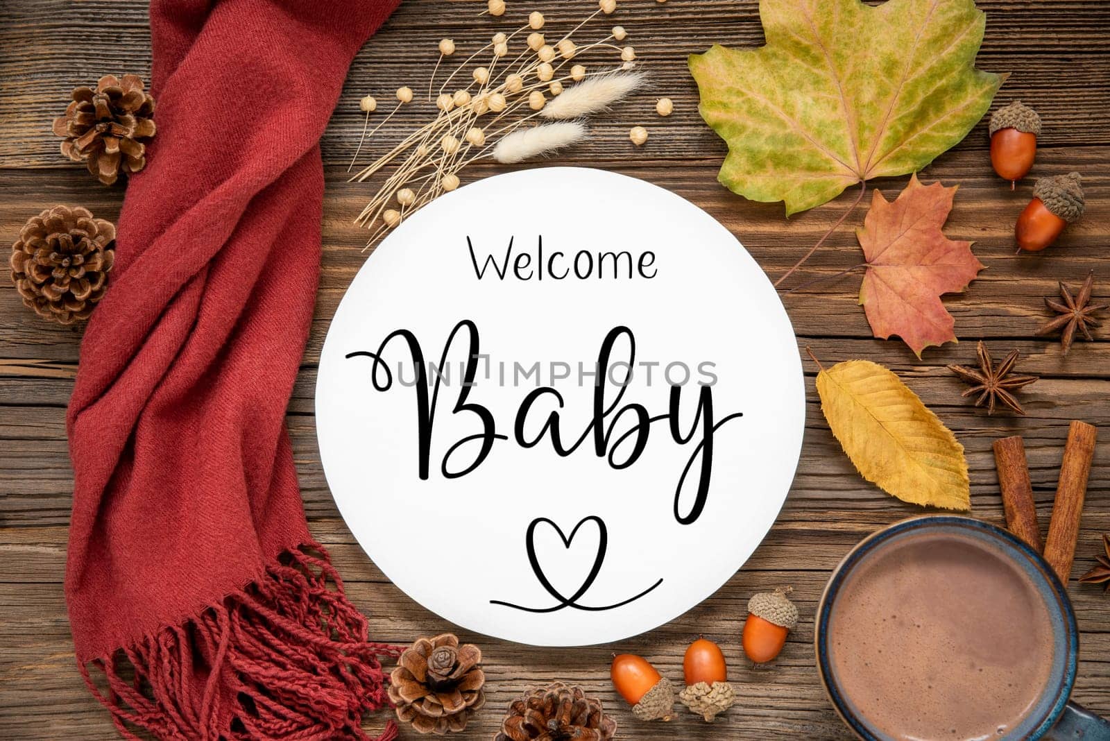 Autumn Decoration, Flat Lay With Colorful Maple Leaves, Cozy Atmosphere and Label With Text Welcome Baby