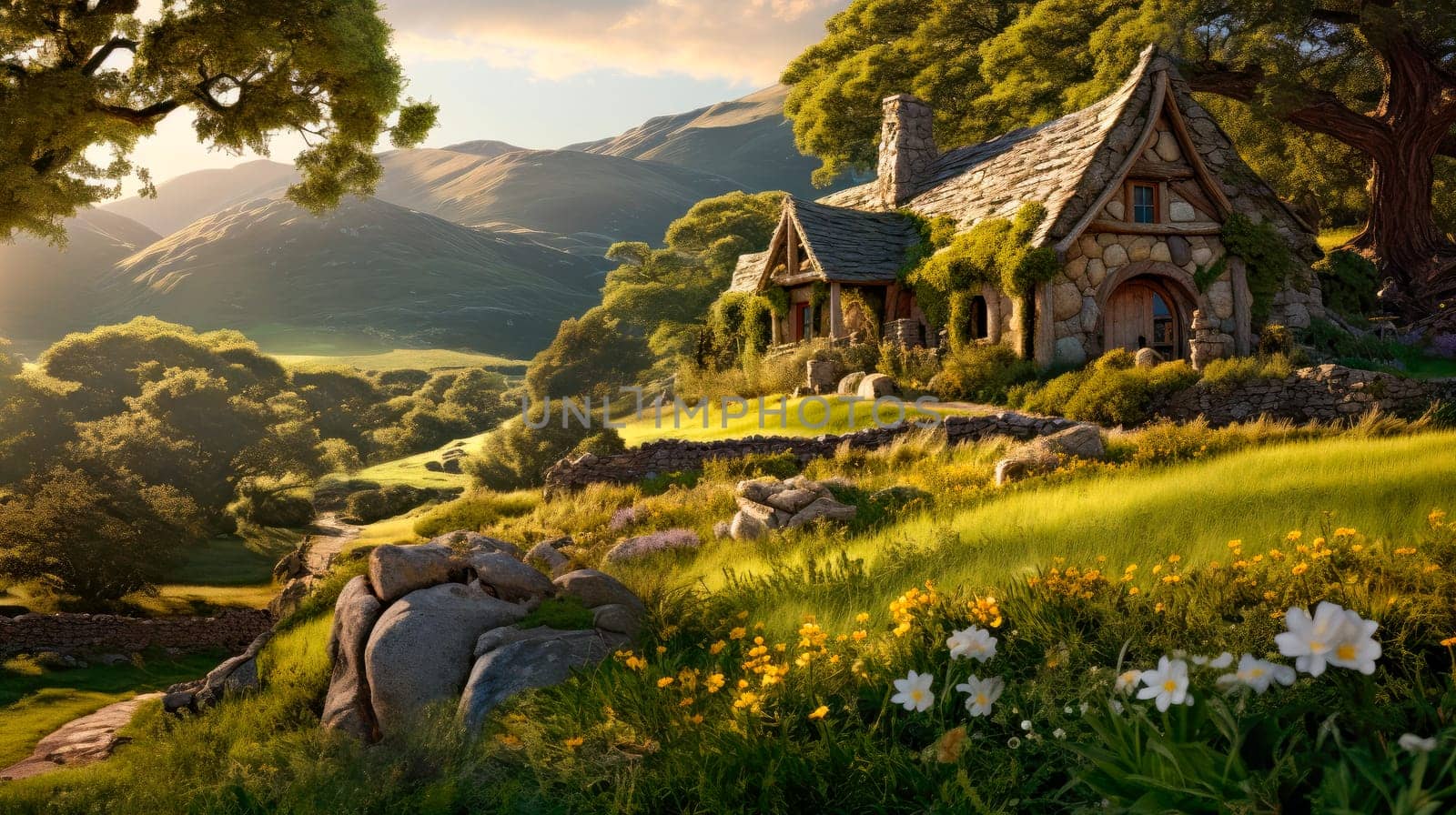 A cozy cottage nestled in the rolling hills. Scenic outdoor nature view with cottage in countryside. Idyll country life.AI generated