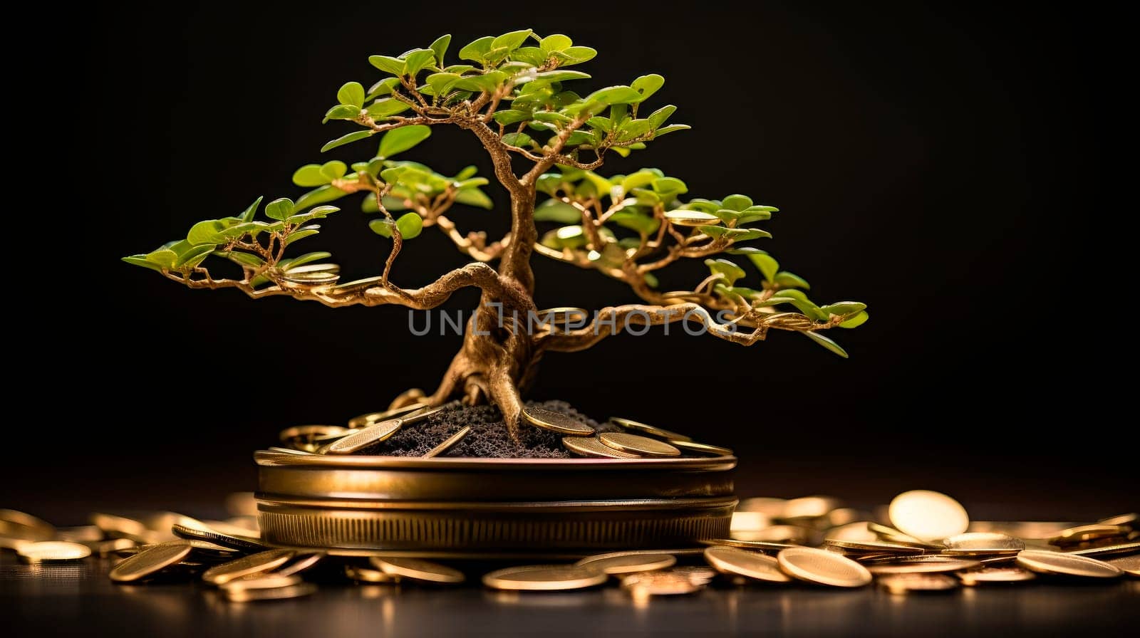 Money tree with gold coins. Finance and banks, savings and investments.AI generated