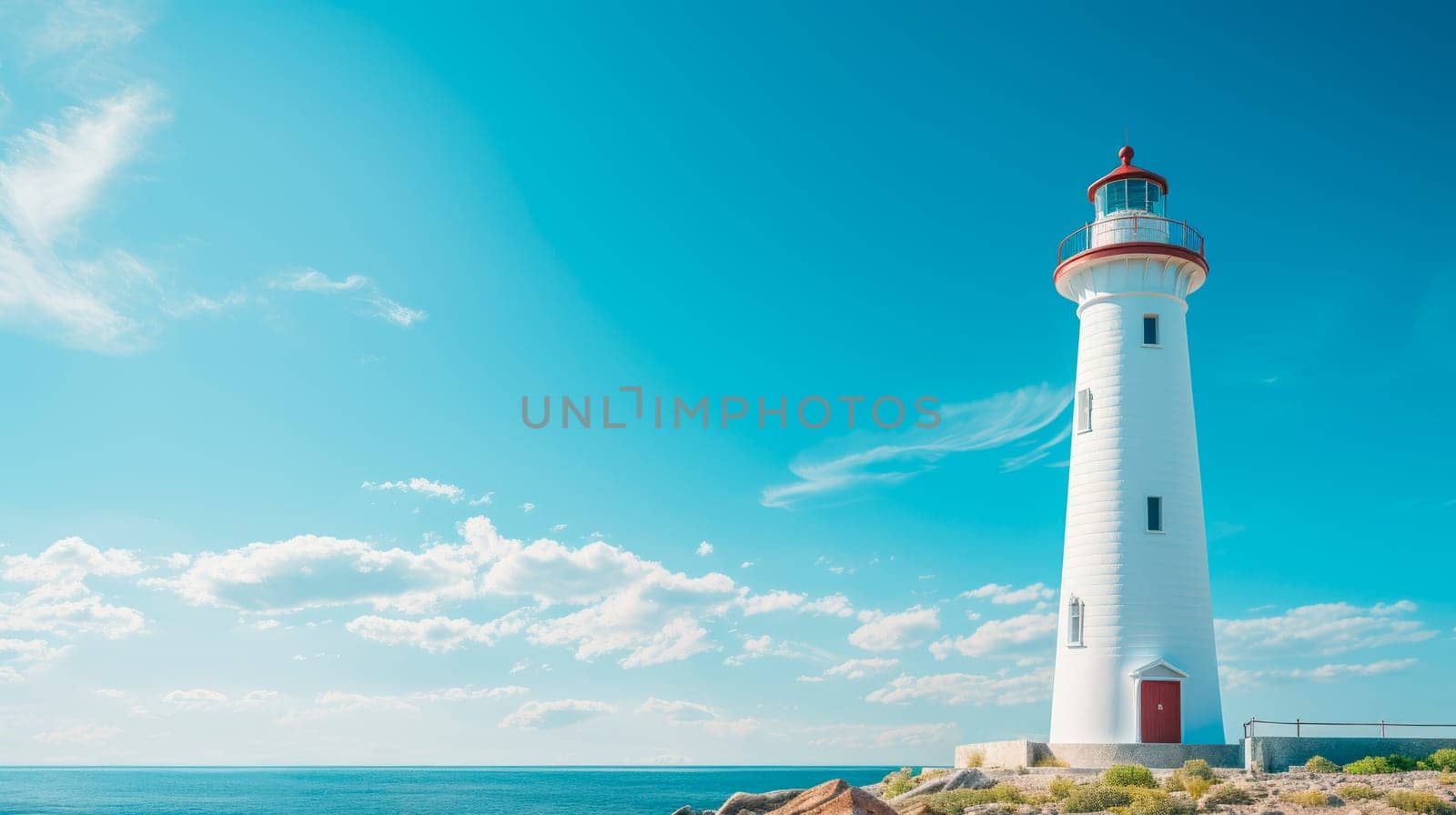 White lighthouse on sunny day with blue sky. AI generated