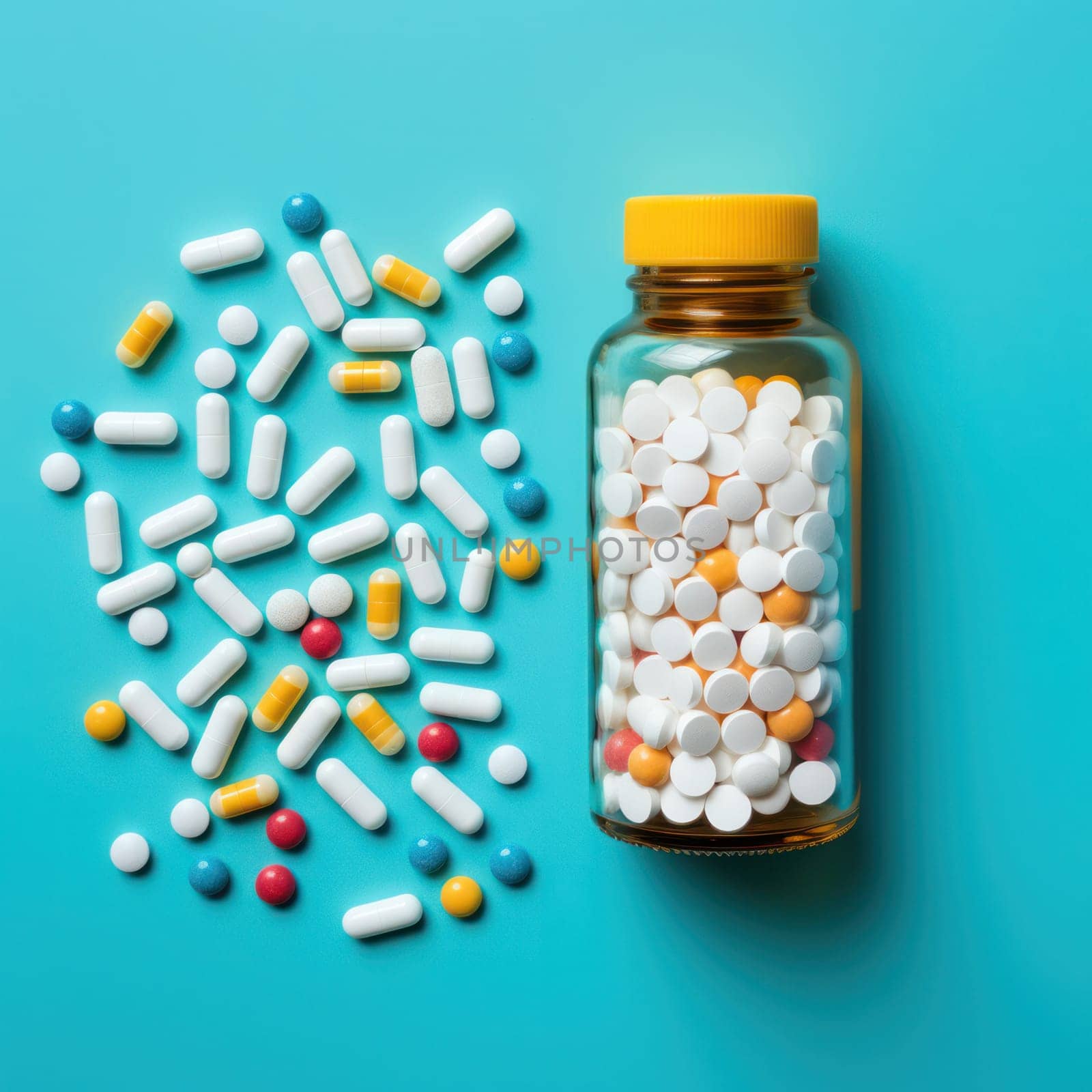 Multi-colored tablets and capsules in a glass bottle and on a blue background. View from above.Generative AI