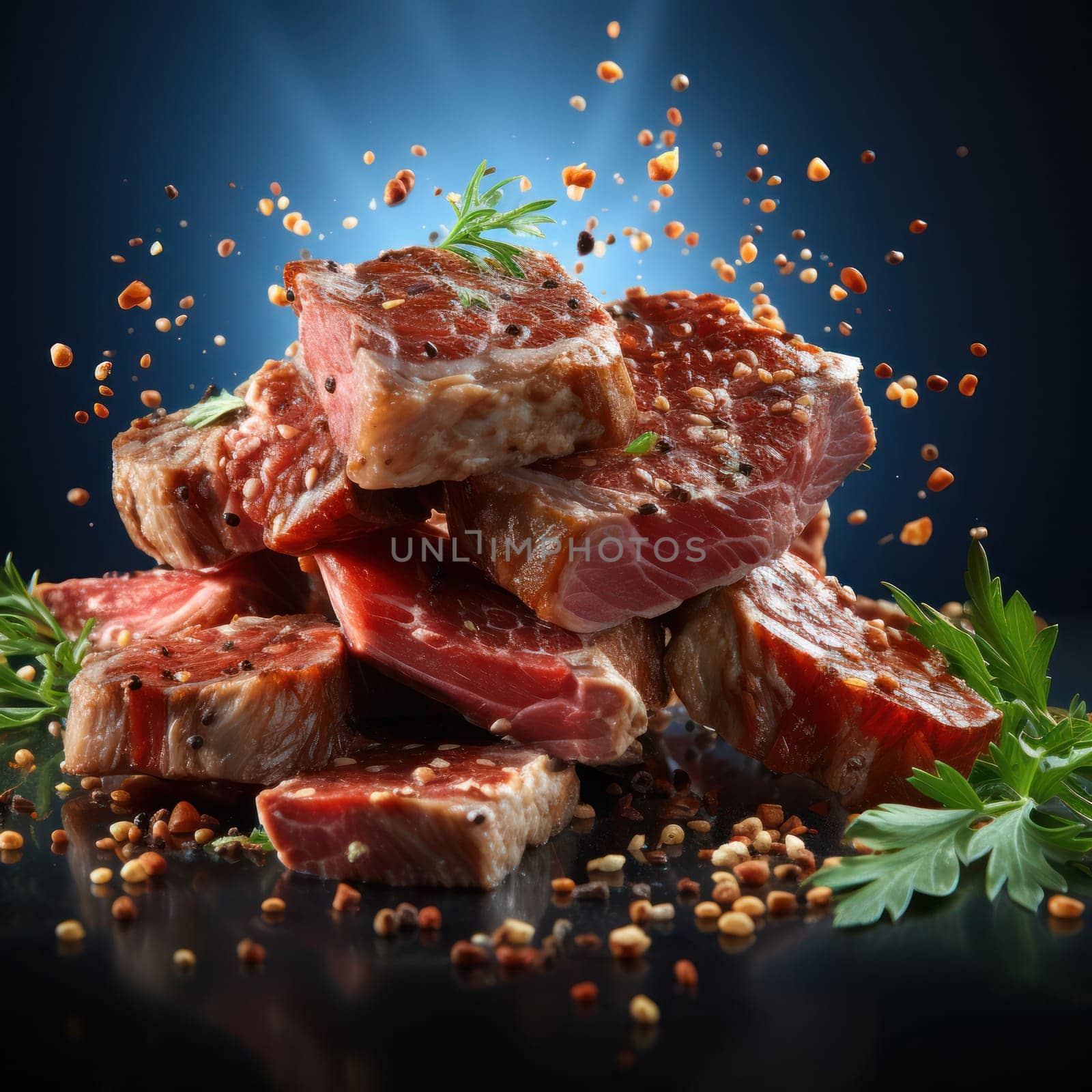 medium-rare pieces of beef with pepper and herbs .Generative AI