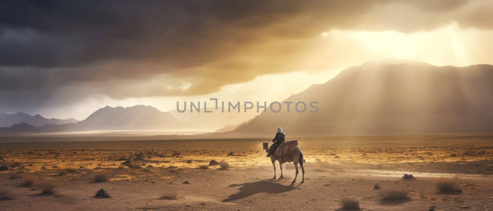 Dramatic sky with camel and man silhouette.stunning beauty desert landscape.travel advertising banner.Generative AI