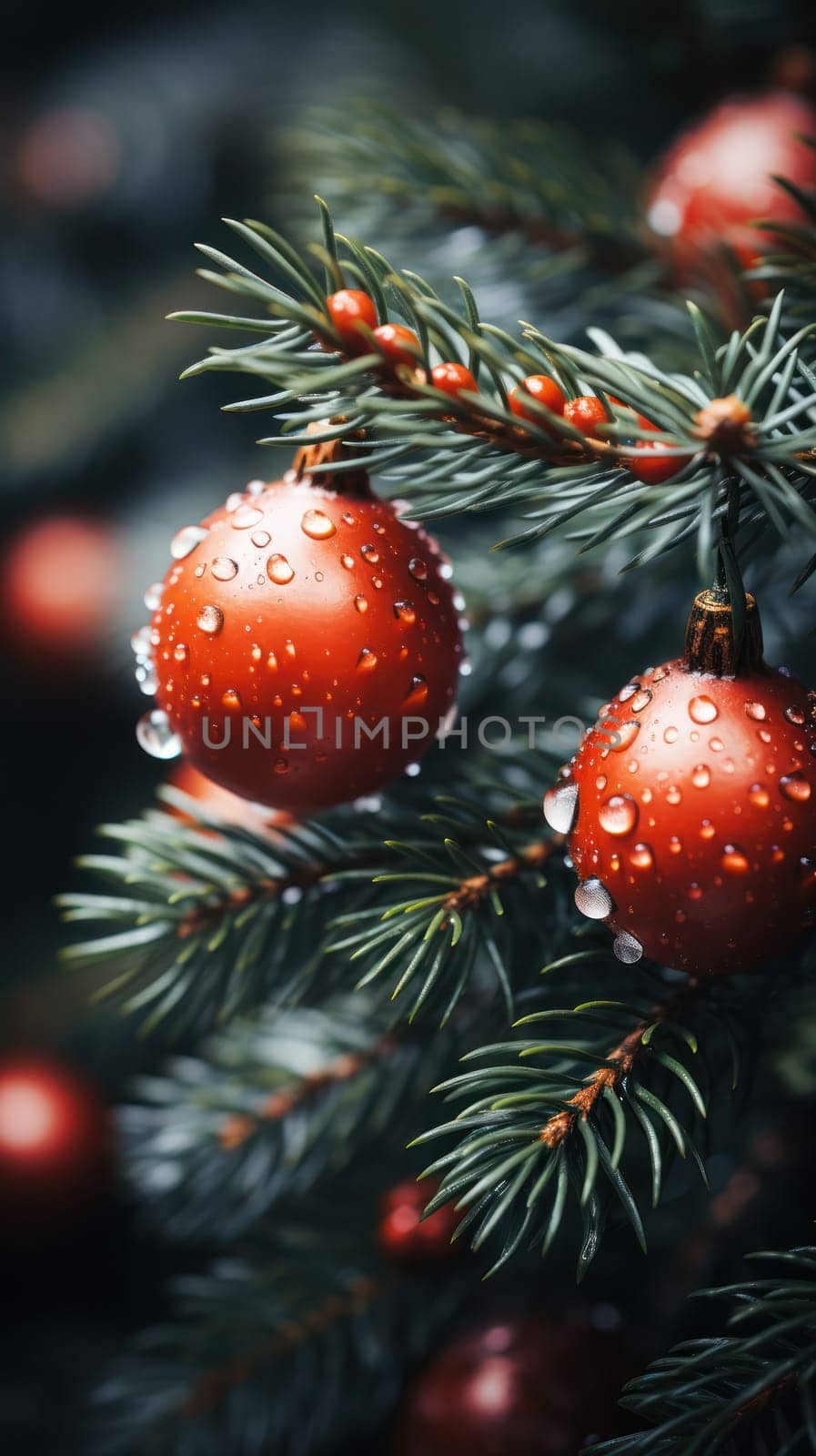 vertical Christmas background. Christmas tree macro details close up.Generative AI