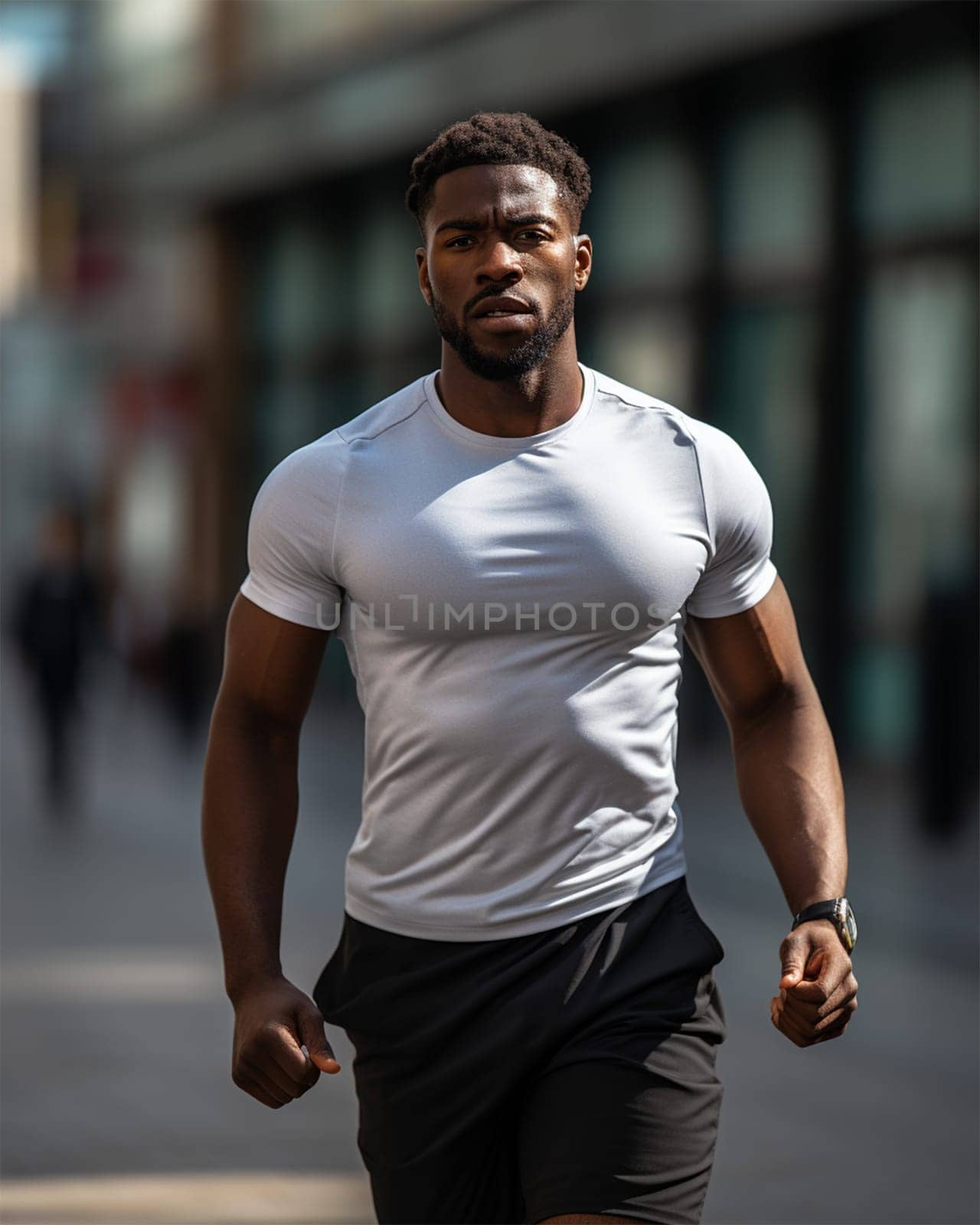 athletic African American man in a white T-shirt runs in the morning along the path in the city.Generative AI