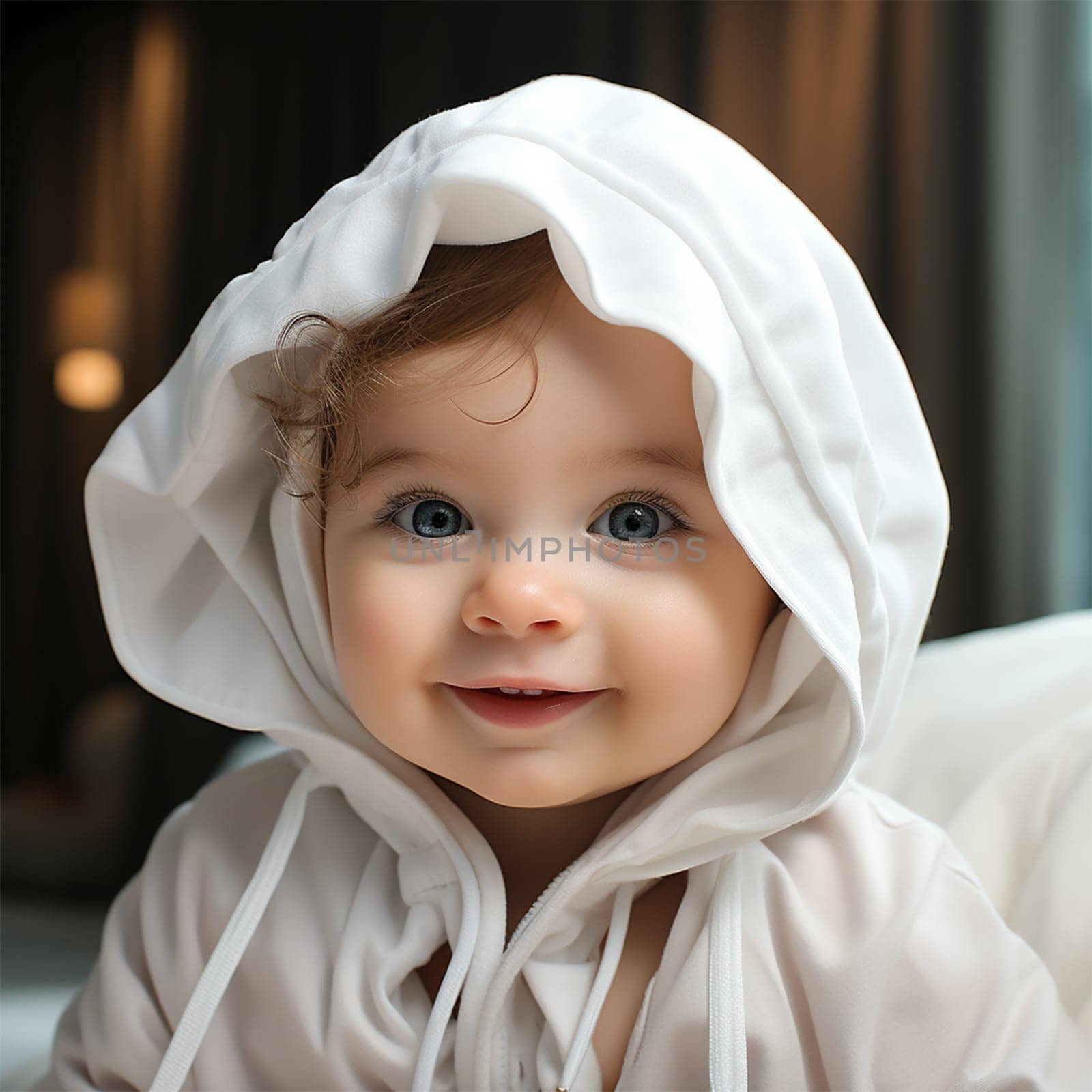 close-up. a beautiful baby in a beautiful white hood sits on the sofa looking at the camera and smiling.Generative AI