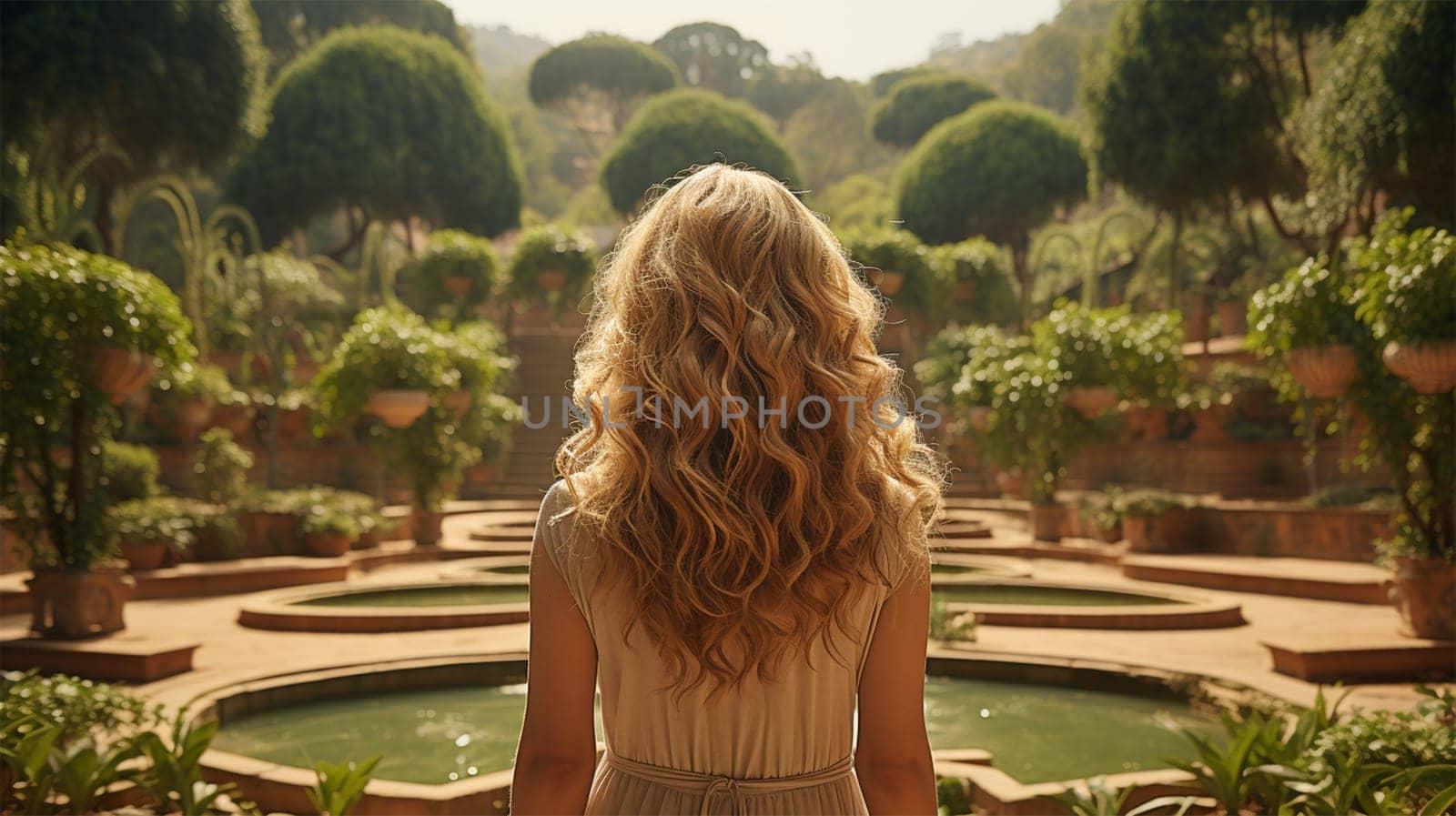 Close-up rear view of a blonde woman with a shiny wavy long hairstyle in front of a park.Generative AI
