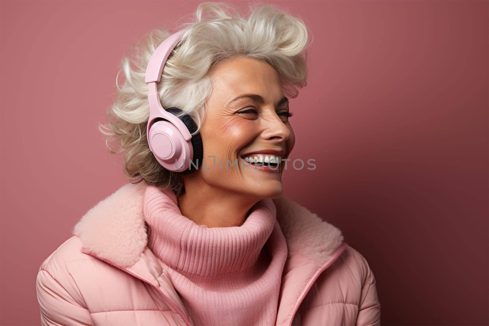 beautiful and cheerful gray-haired woman in pink clothes and headphones, on a color background.Generative AI