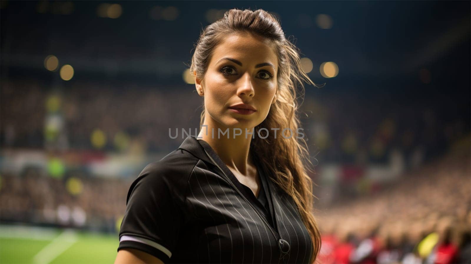 Professional football referee on the stadium field.Beautiful woman refereeing a football match.Generative AI