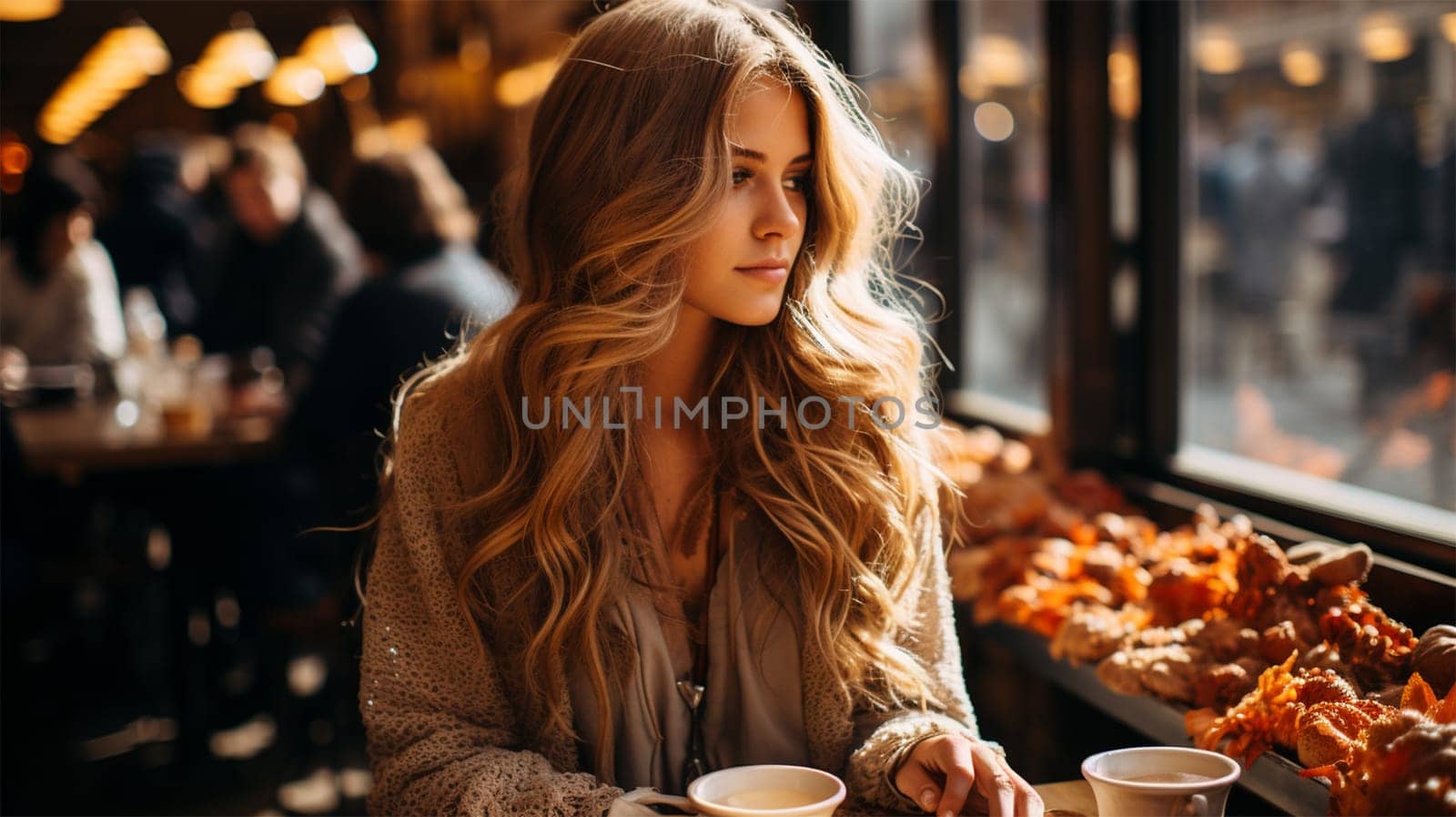 fashionable portrait of a young fashionable blonde woman at a table in a cafe.Generative AI