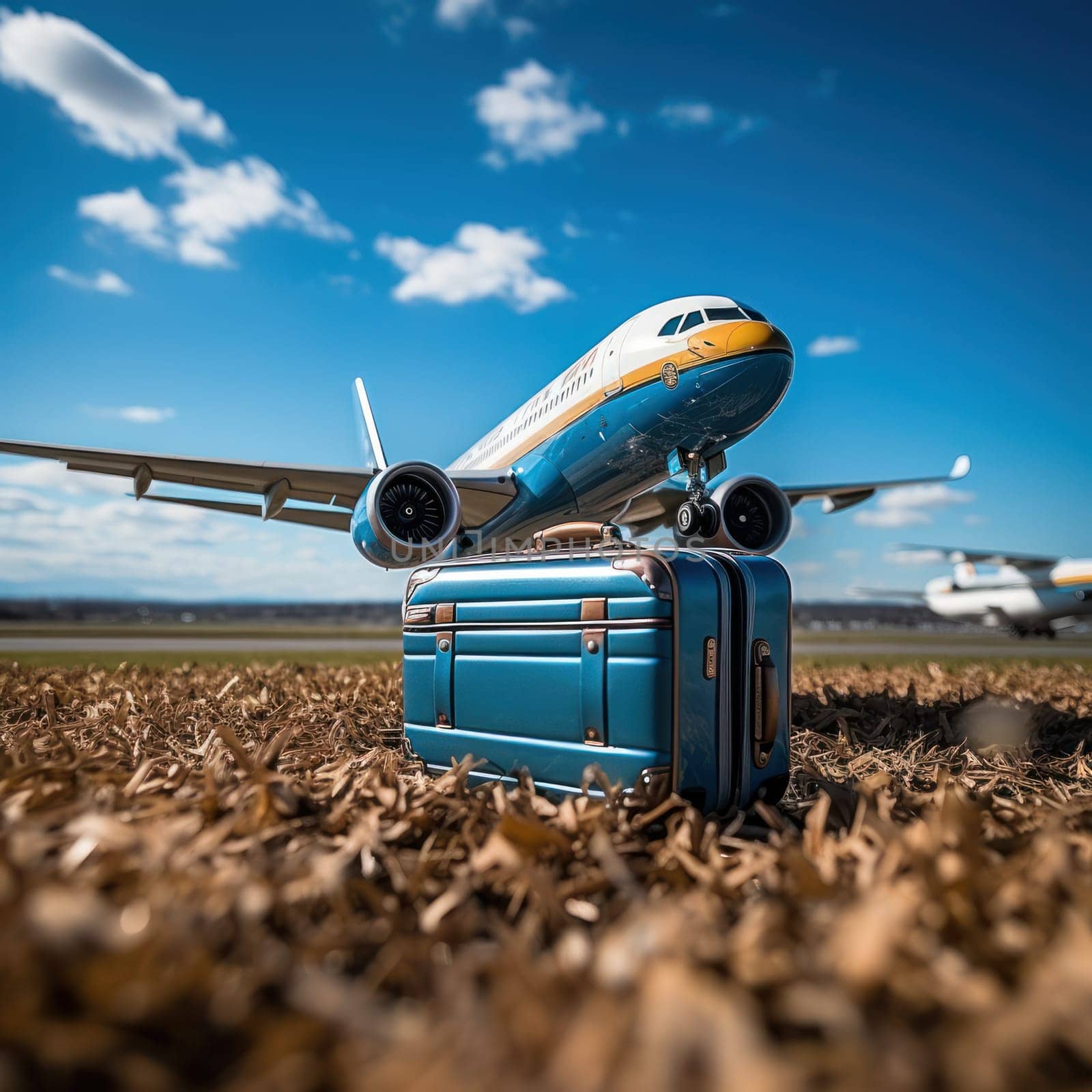 a suitcase stands on the runway against the backdrop of a plane taking off.Generative AI