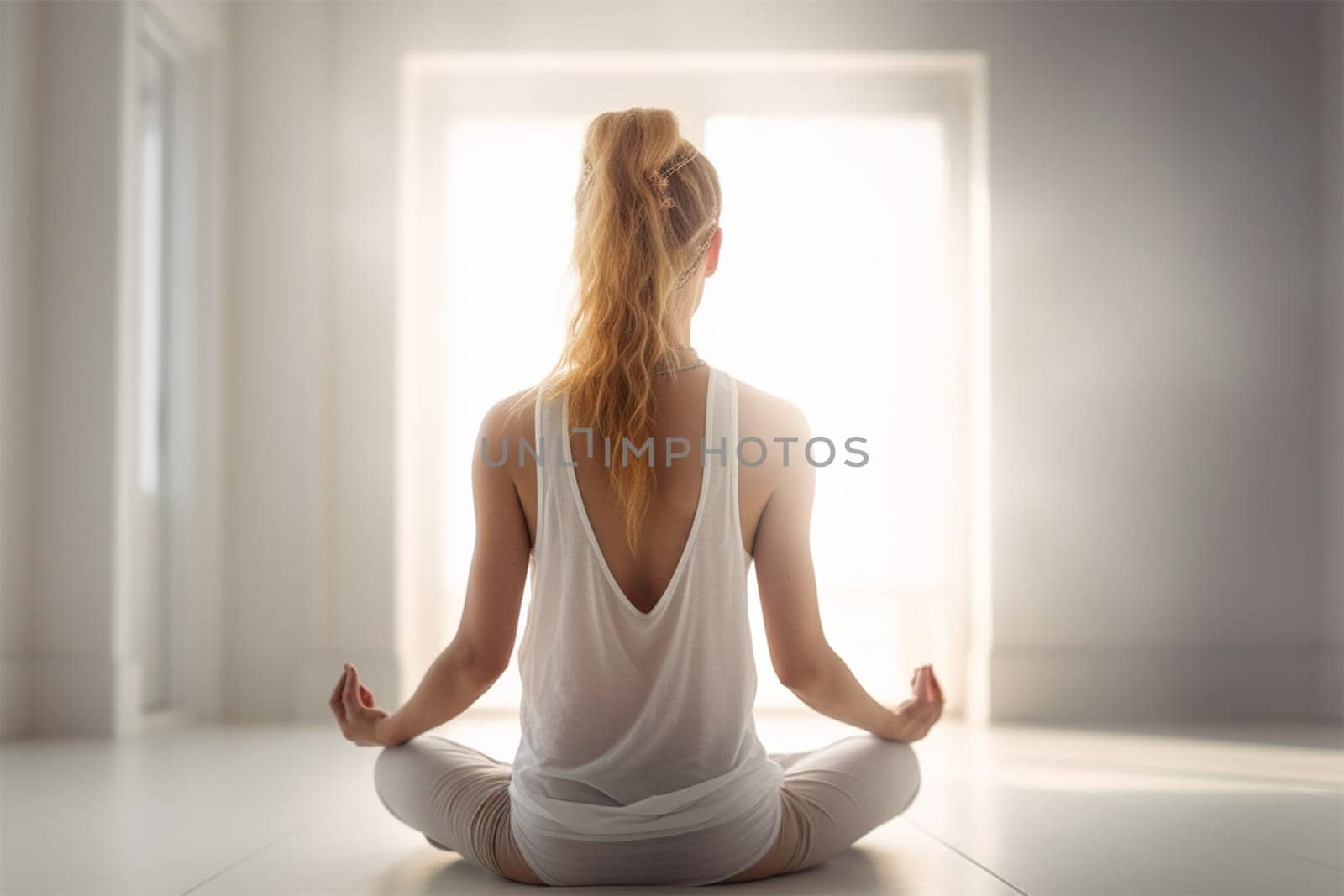 young girl practices yoga in lotus position in the room in the morning.Generative AI