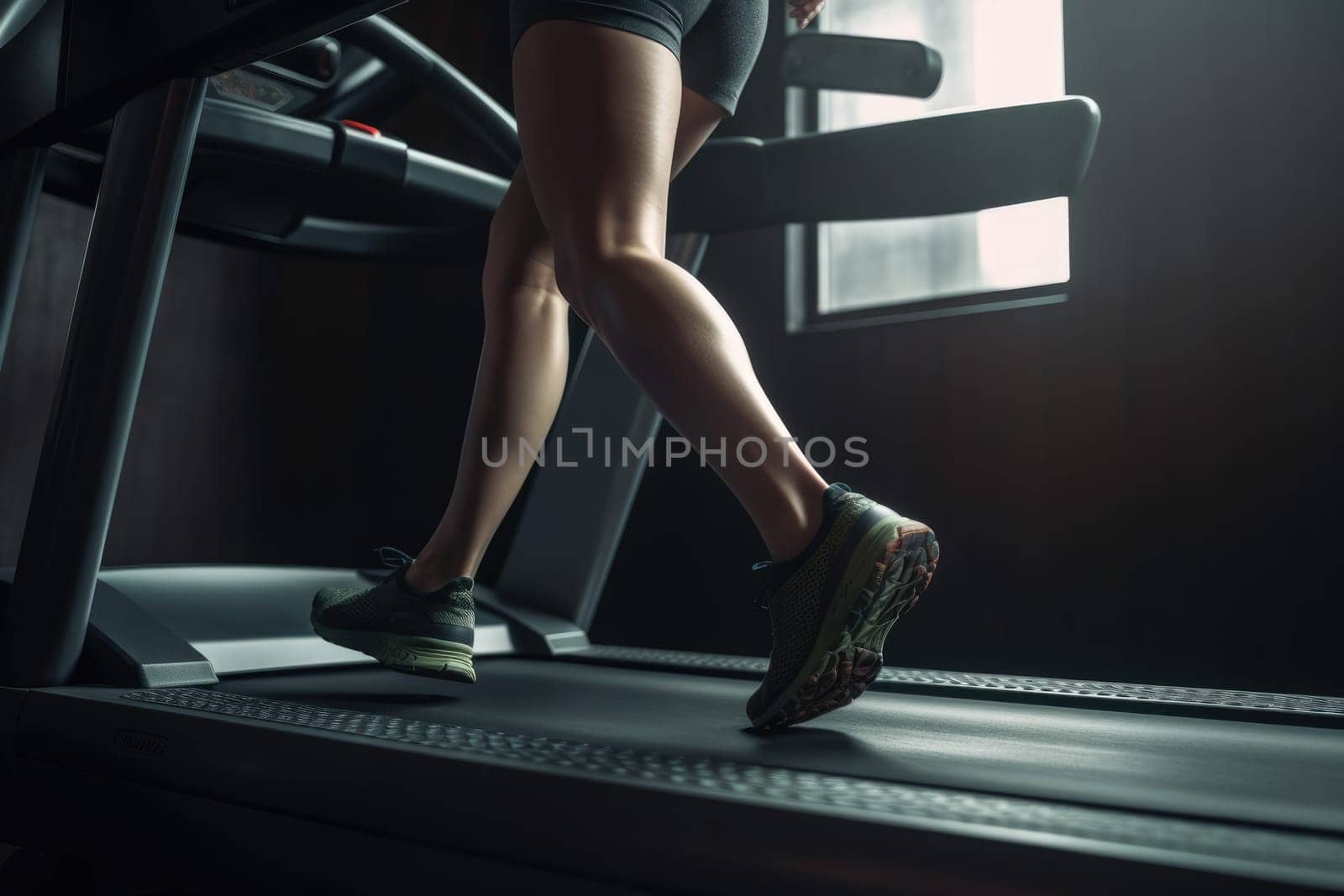 Close-up on the shoes of a woman running on a treadmill in the gym. exercise concept. fitness and healthy lifestyle.Generative AI