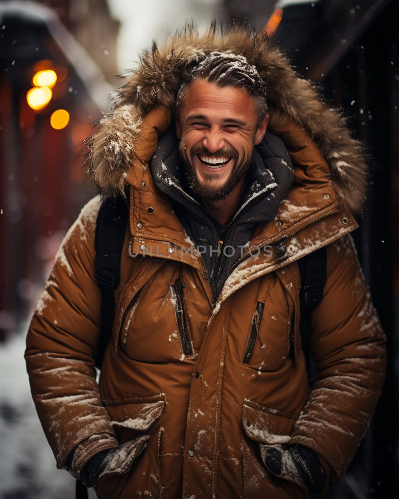 Happy man in a jacket on a snowy day before Christmas. Christmas Eve.Generative AI