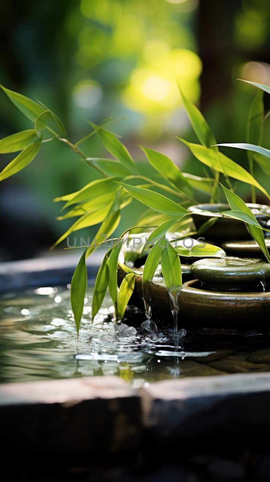 Decorative pond with a fountain and bamboo shoots.spa content.Generative AI