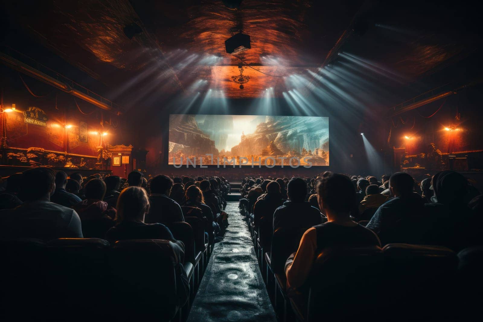 film on screen old retro cinema with red velvet walls and seats. mystical atmosphere.Generative AI