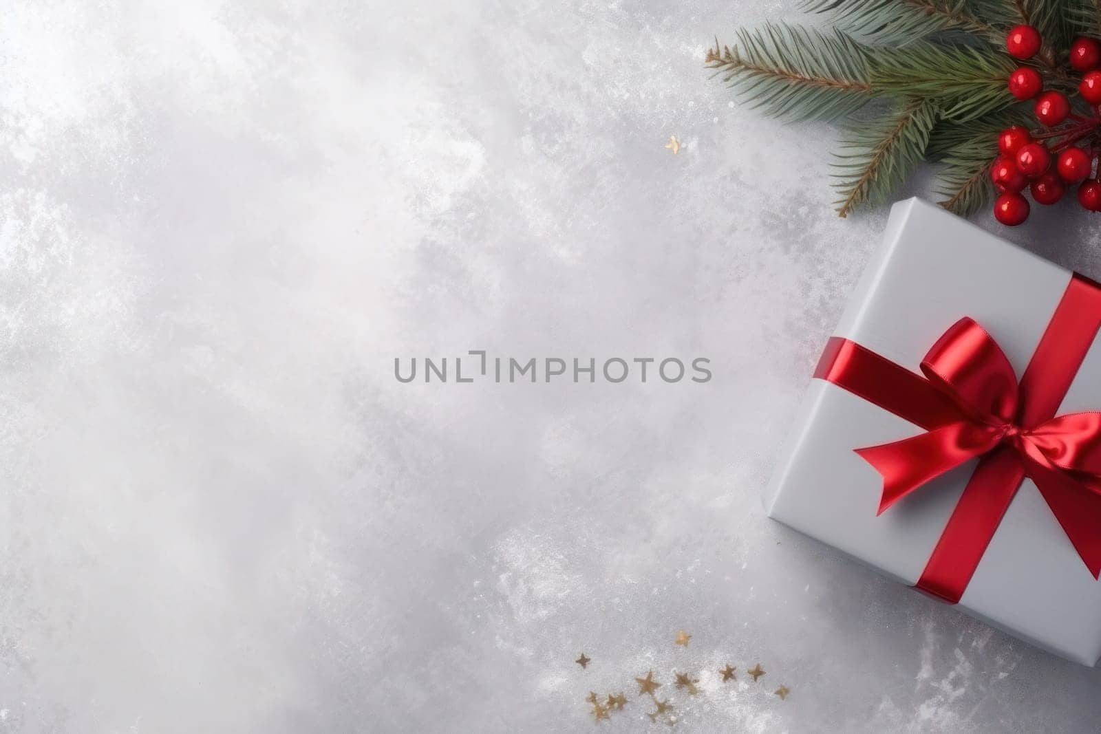 New Year banner with Christmas gift boxes and gold decorations on a light background.Generative AI