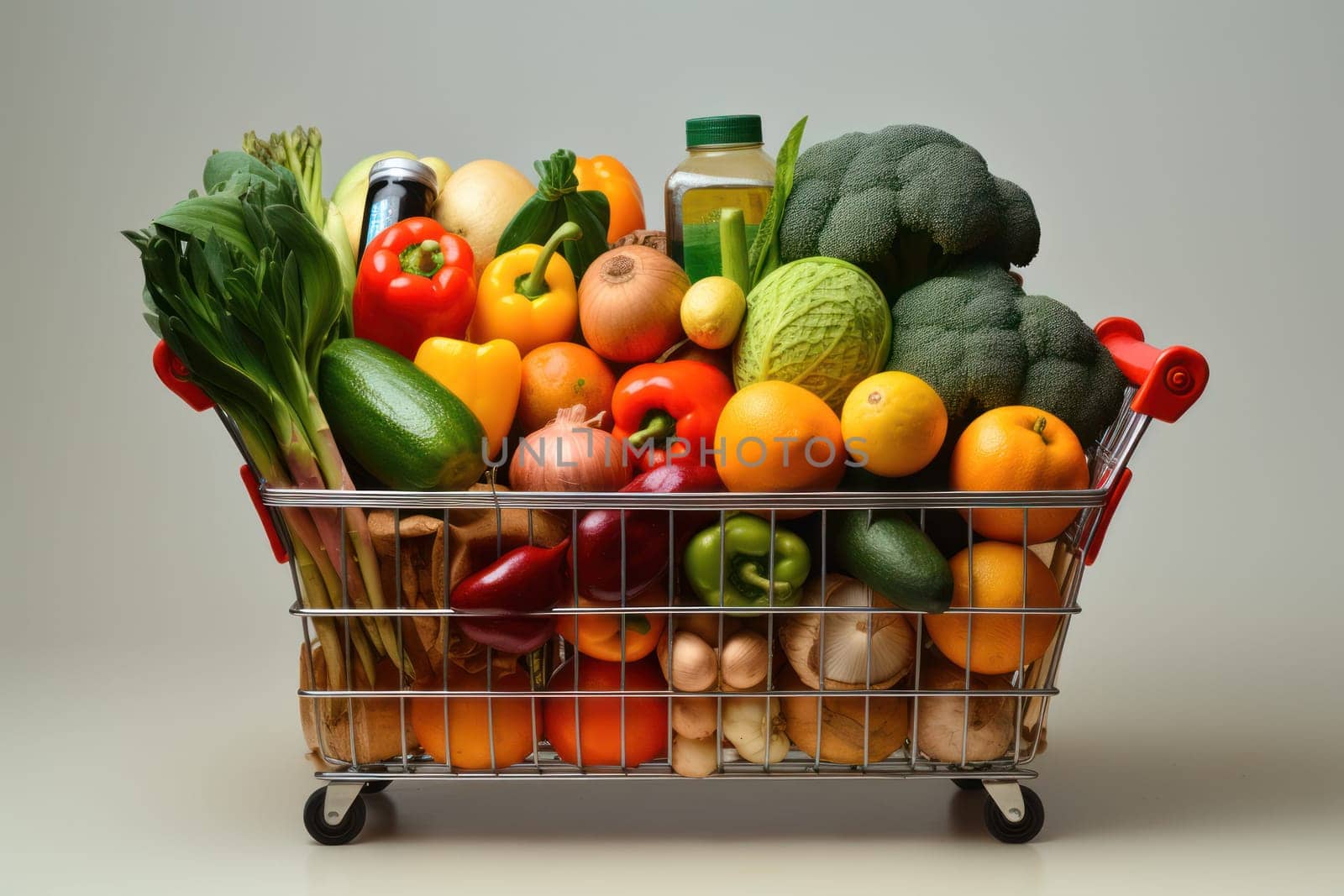 Healthy food, fruits and vegetables in a grocery cart on a light background. Choosing healthy food for the heart, healthy lifestyle concept.Generative AI