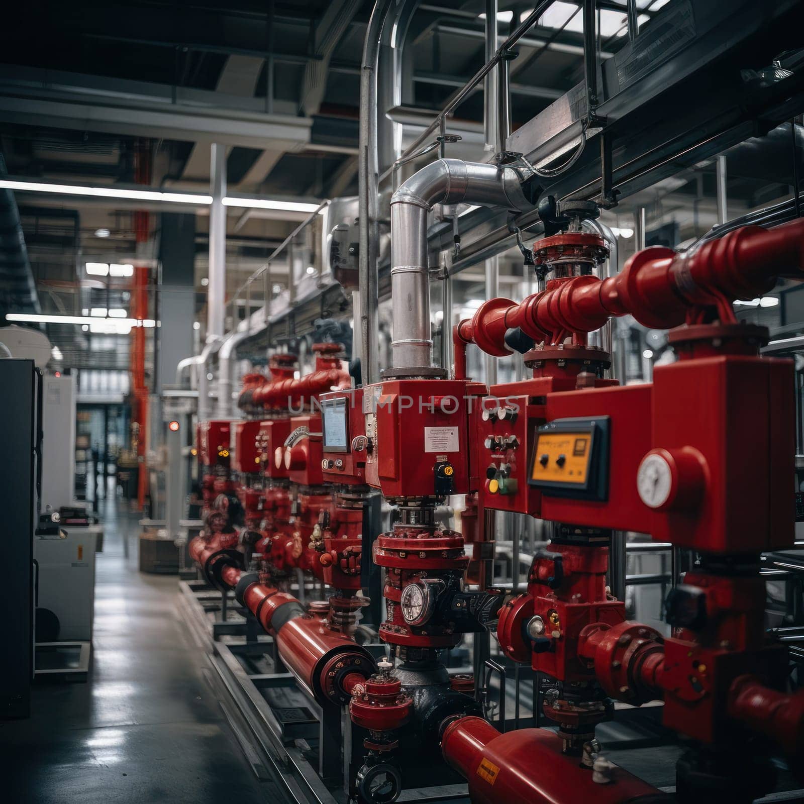 Modern industrial gas boiler room equipped for heating. Heating gas boilers, pipelines, fittings. red tinting.Generative AI