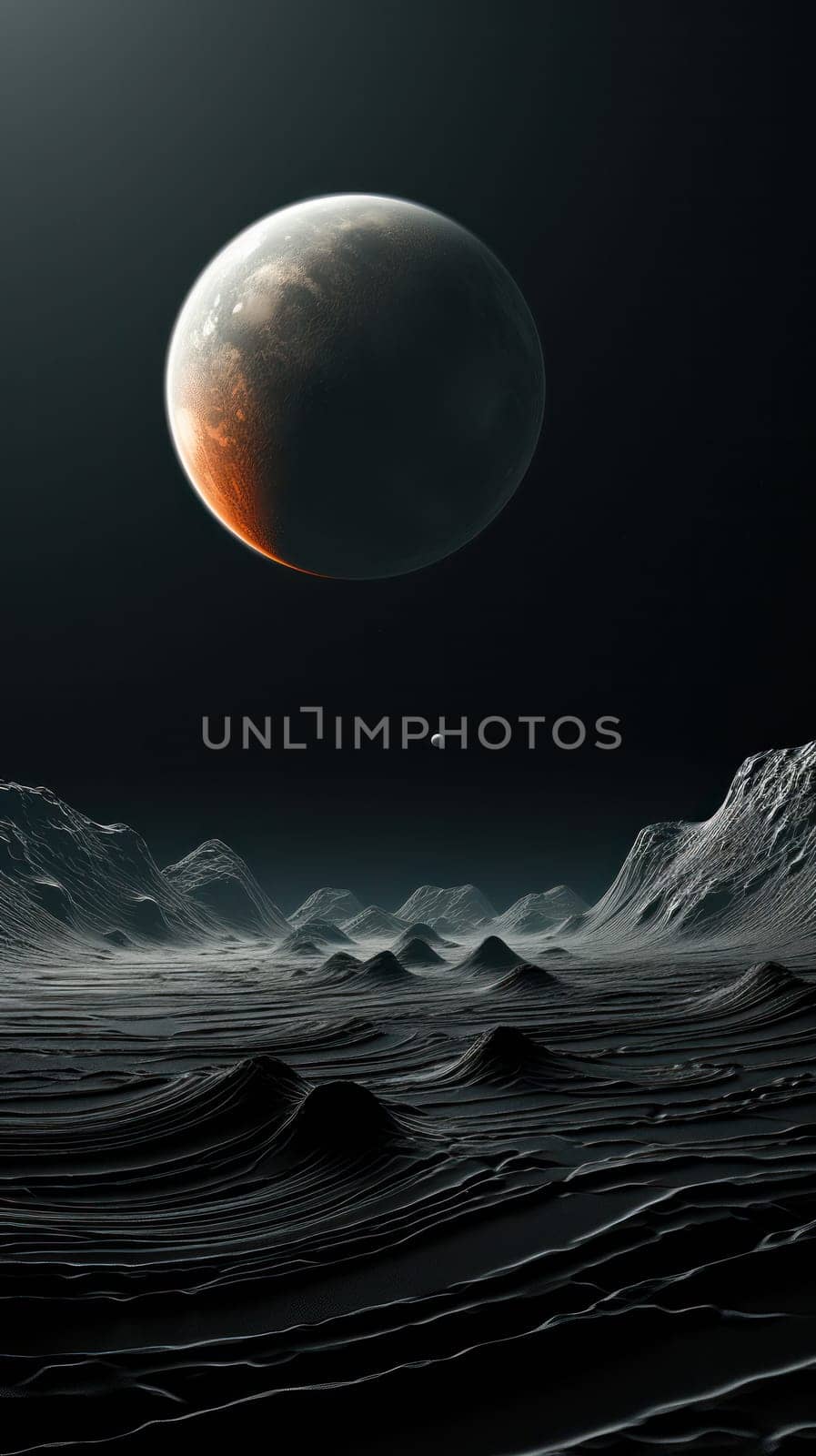 view from the surface of an unknown planet to outer space.Generative AI