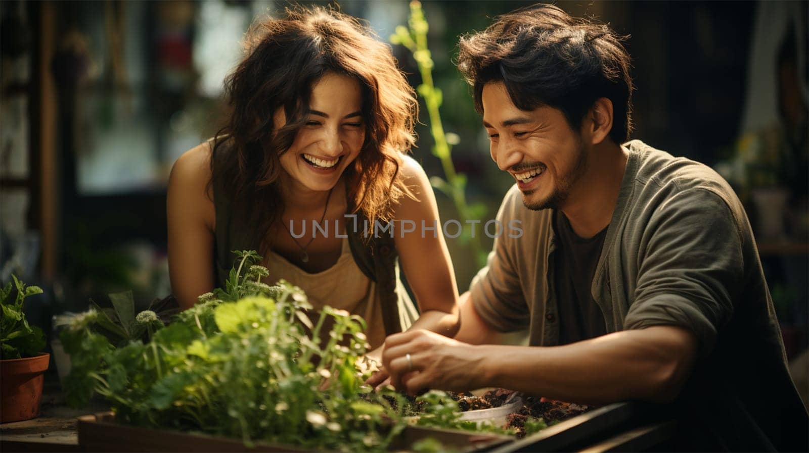 a couple of young woman and man farmer working on the farm together. Happy couple inspecting harvest of ripe organic vegetables. Agricultural business technology concept.