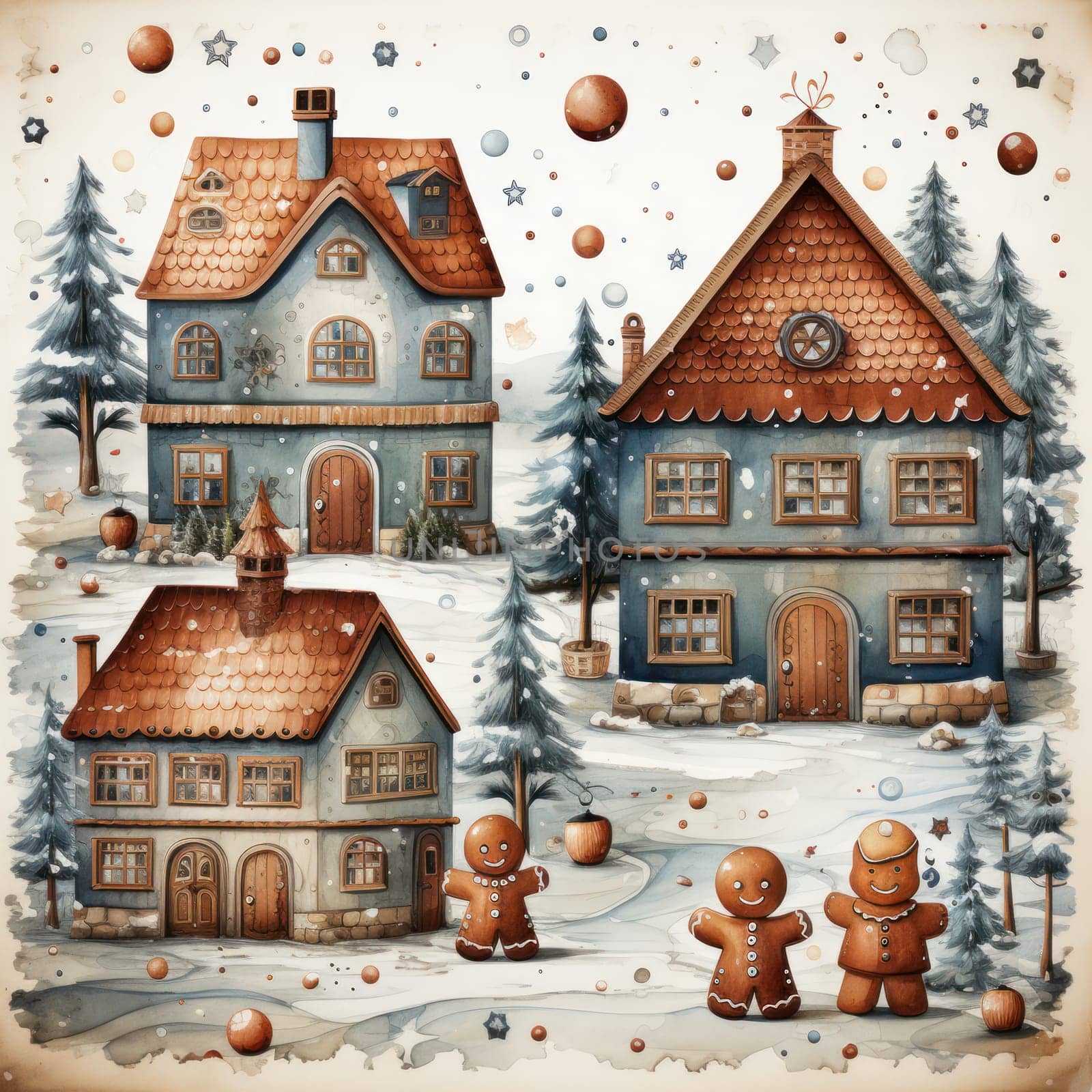 gingerbread men near houses at Christmas. Winter holiday story in watercolor style.Generative AI