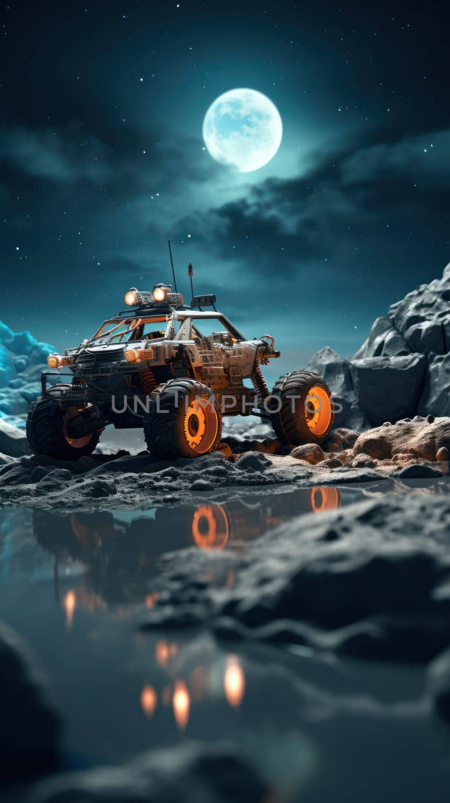 electrically controlled all-terrain vehicle in the landscape of an unknown planet.Generative AI