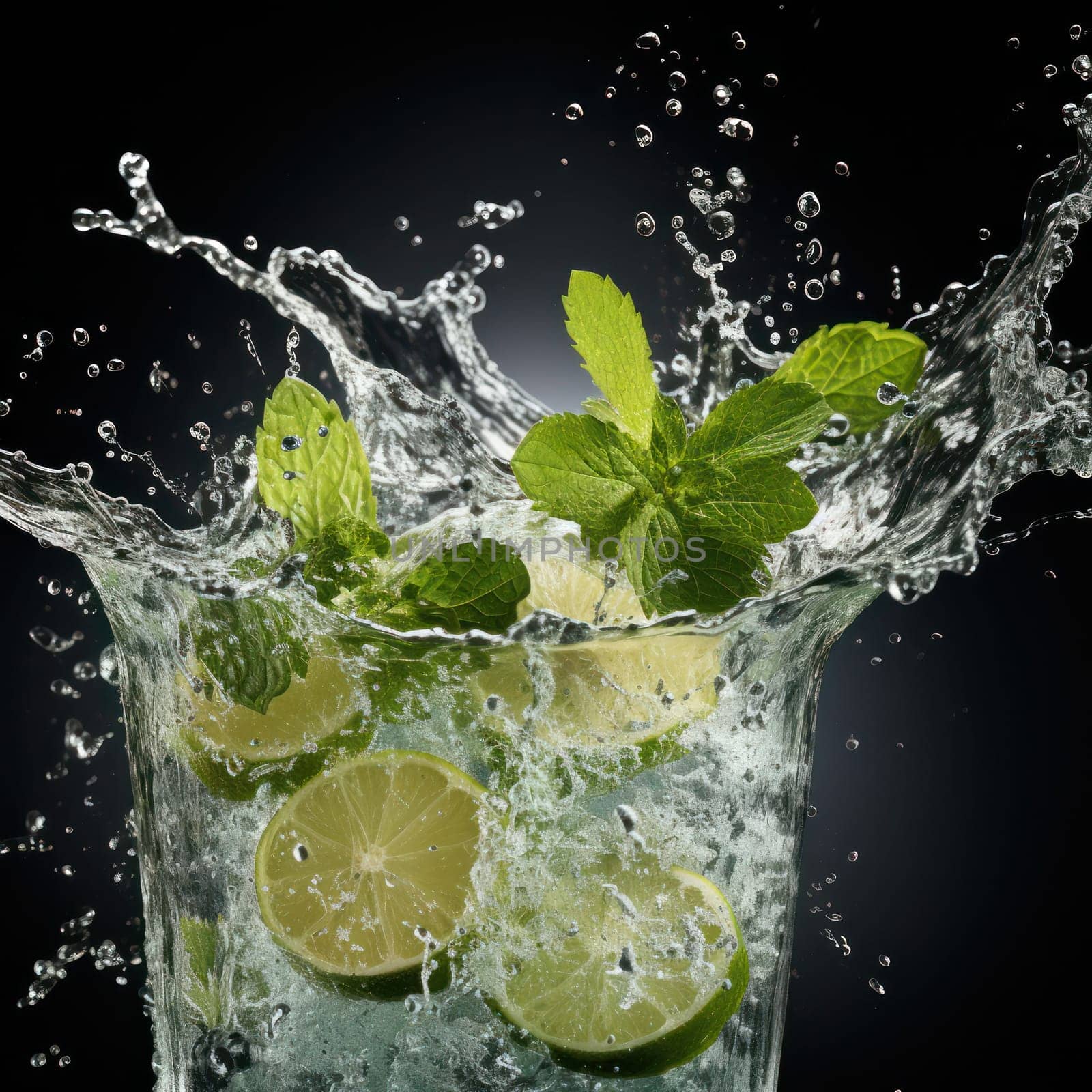 Cut transparent glass with crystal falling water, mint and lemon on a black background.Generative AI