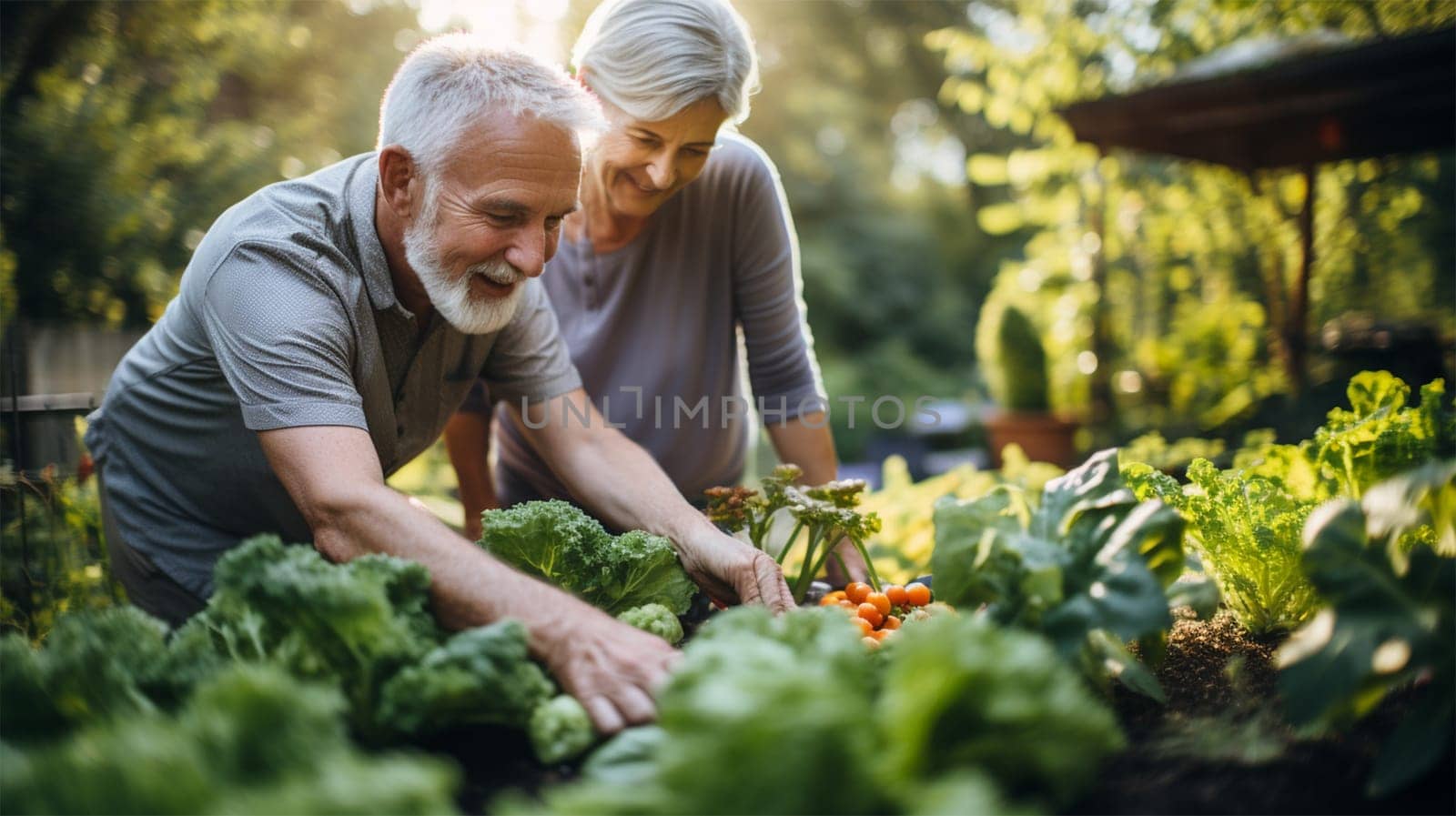 elderly couple woman and man farmer working on the farm together. Happy couple inspecting harvest of ripe organic vegetables. Agricultural business technology concept.Generative AI