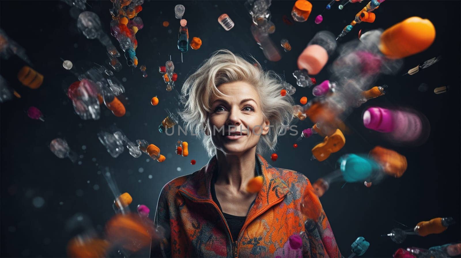an elderly woman stands among many flying in the air pills and tablets. mental and physical health concept. Caring for the Elderly .Generative AI