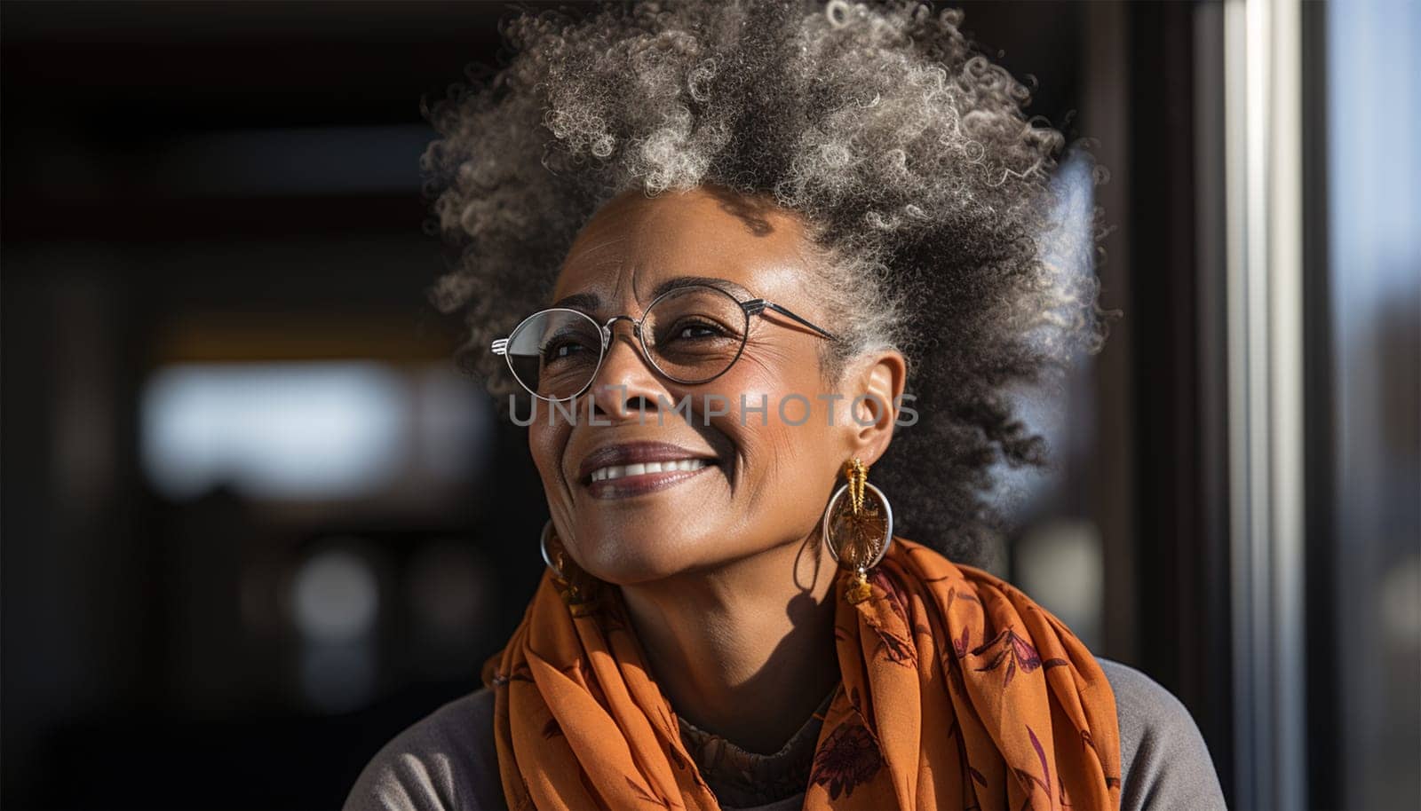 Portrait of a happy African American elderly woman at the window in a nursing home.Generative AI