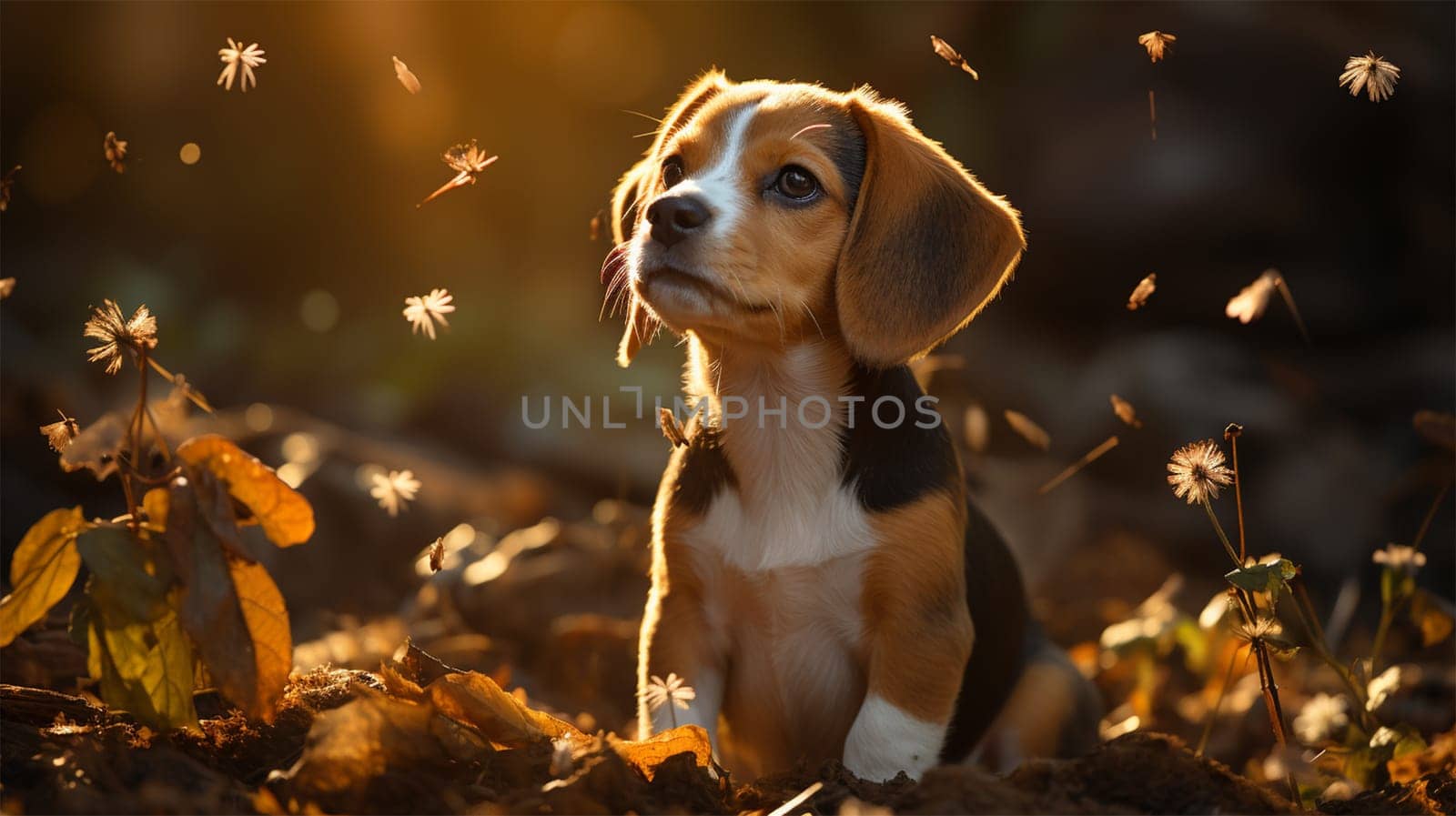 A beagle dog sits on the grass covered with fallen leaves in an autumn park against the background of falling leaves from a tree .Generative AI