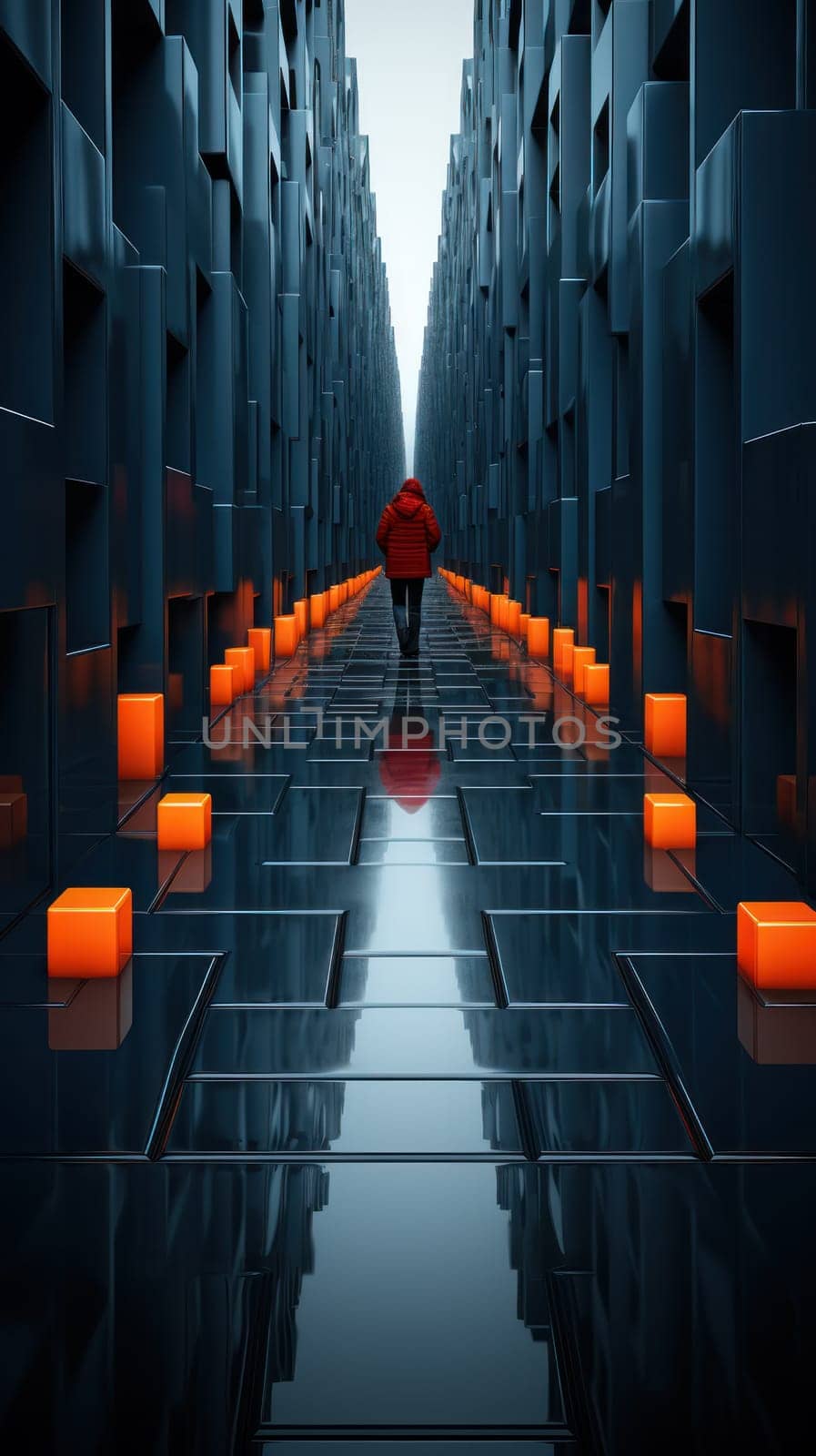 black geometric perspective receding into the distance. vertical abstract background.Generative AI