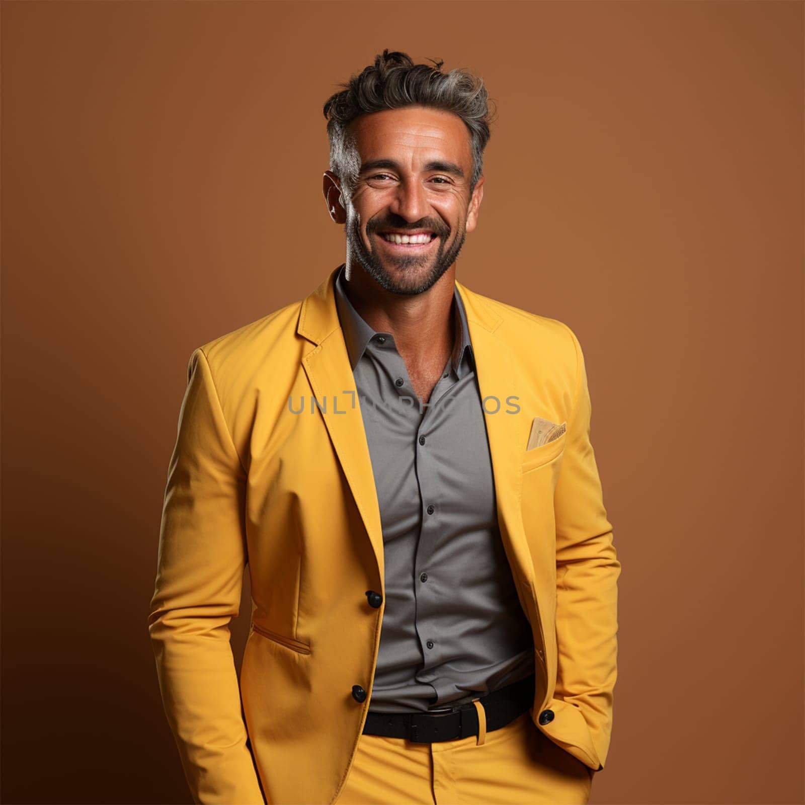 portrait of a young gray-haired cheerful man in a yellow jacket on a color background.Generative AI