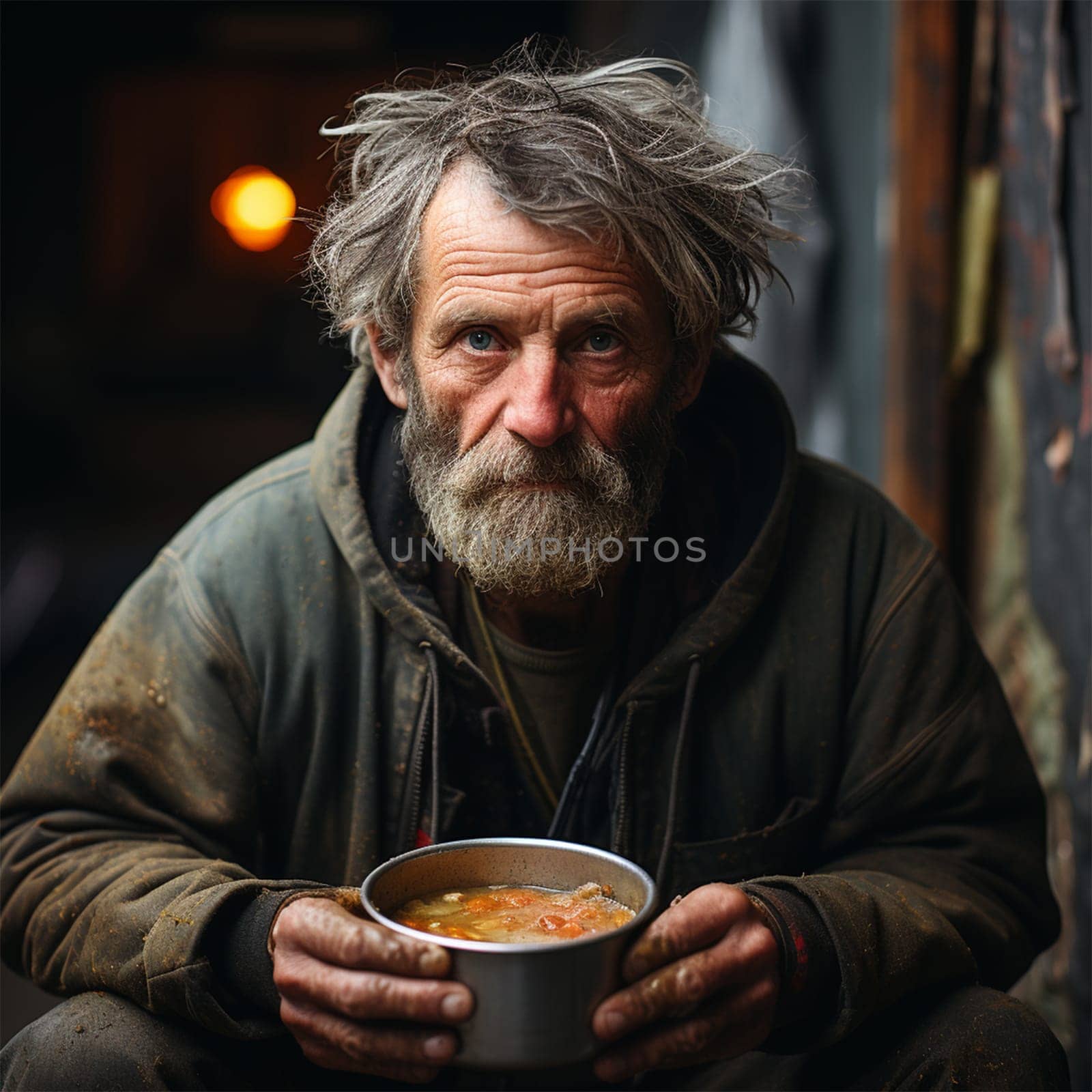 A homeless beggar sits in dirty clothes on the street in the city with a bowl of food and asks for a money donation.Generative AI