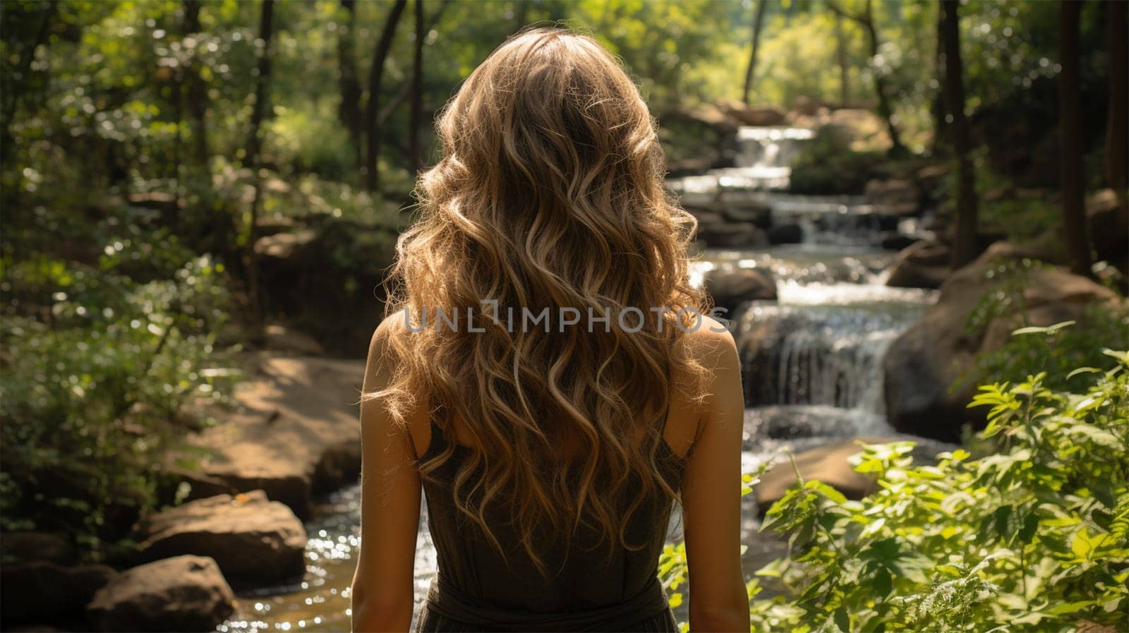 Close-up rear view of a blonde with a shiny wavy long hairstyle against the backdrop of a waterfall in a park.Generative AI