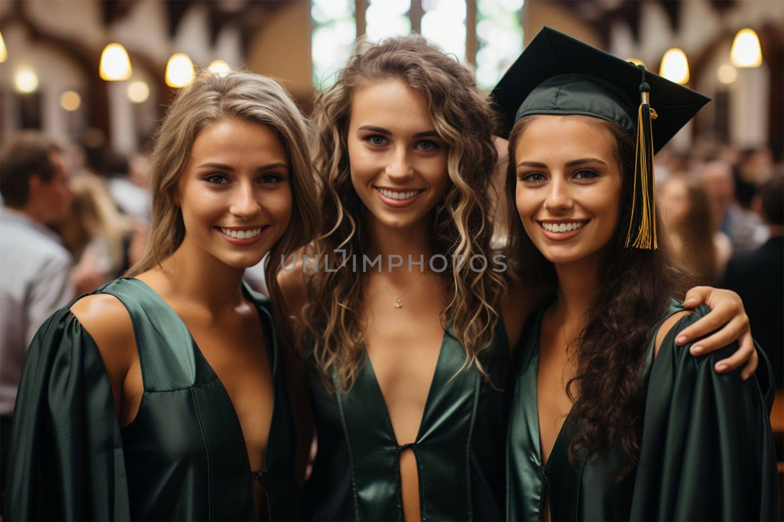cheerful college student friends posing for camera on graduation day.Generative AI