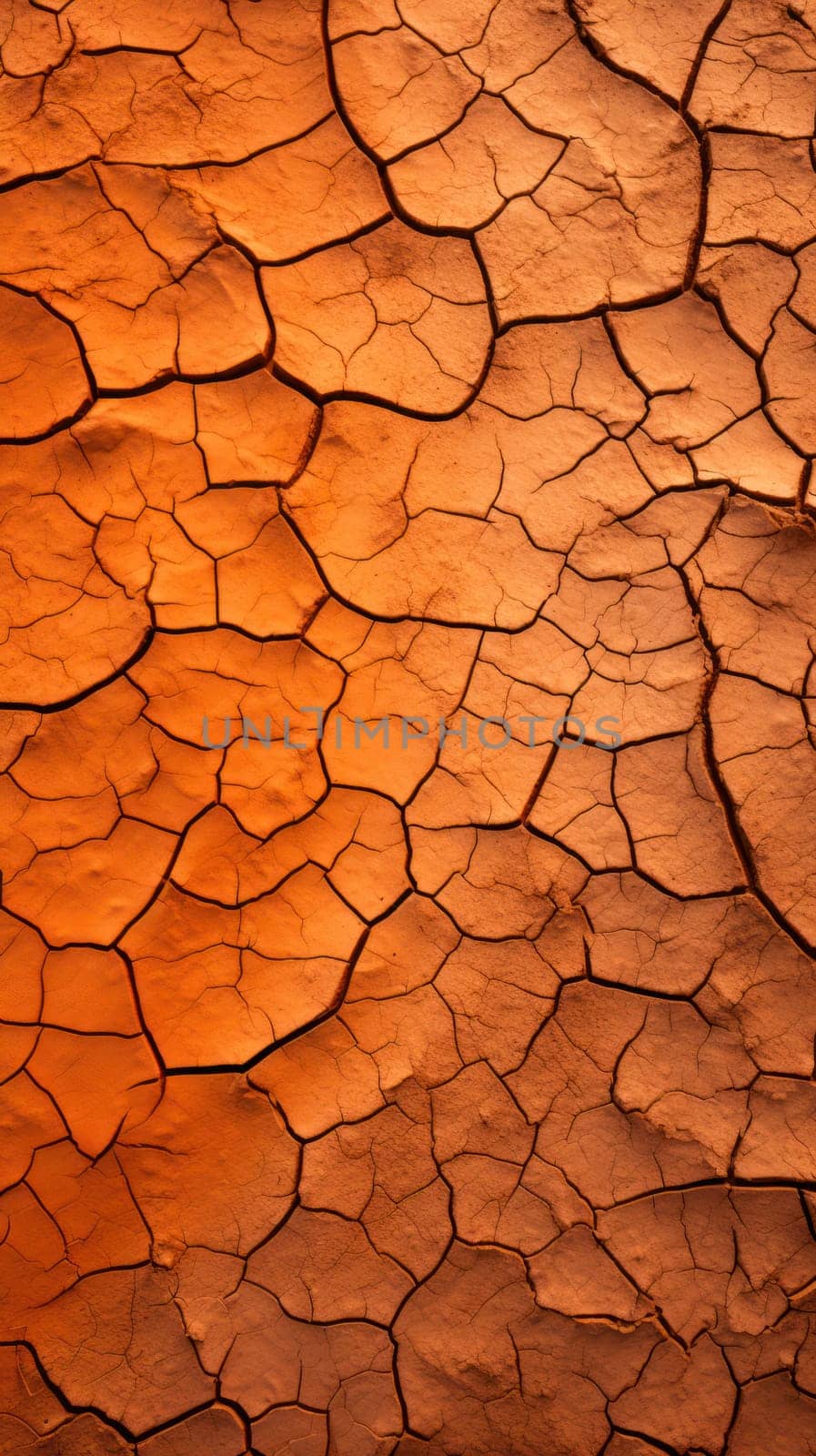 the dry arid earthy cracked background is an iron rich dry clay that is orange in color.Generative AI