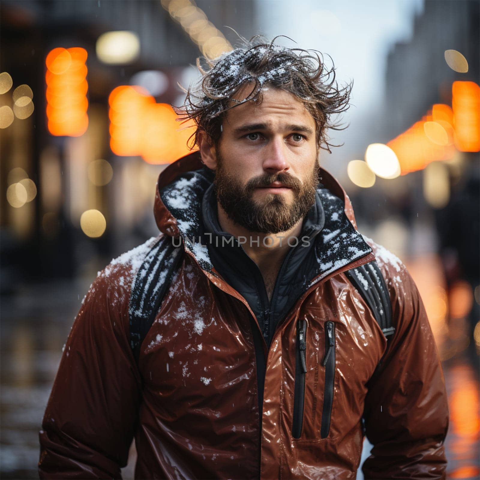 a young man in warm clothes walks down the street under the falling snow. Winter portrait of a man walking in the snow.Generative AI