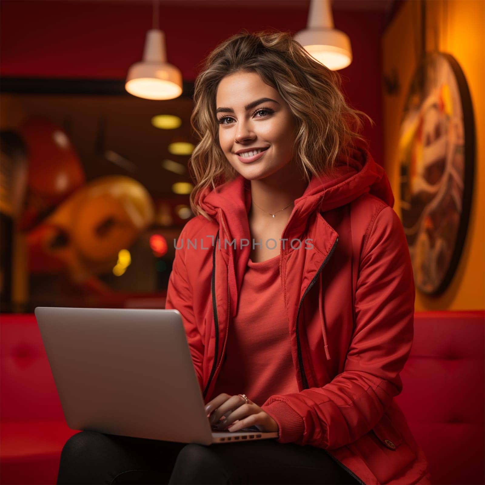a young woman in a red jacket with a laptop against the backdrop of a bright cafe interior.Generative AI