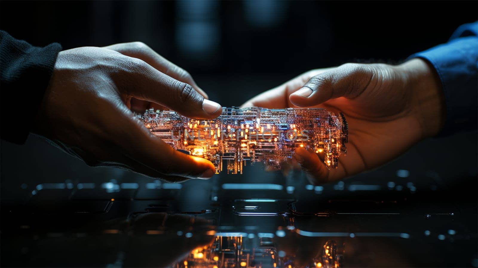 Human hands transmit a unique technology. neon ethereal substance. concept of technology management and artificial intelligence.Generative AI