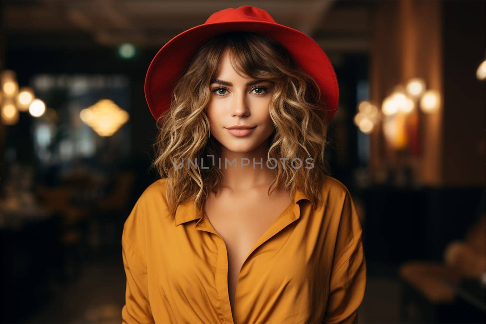 portrait of a young beautiful woman in yellow clothes and a red cap, with wavy hair on a blurred interior background.Generative AI