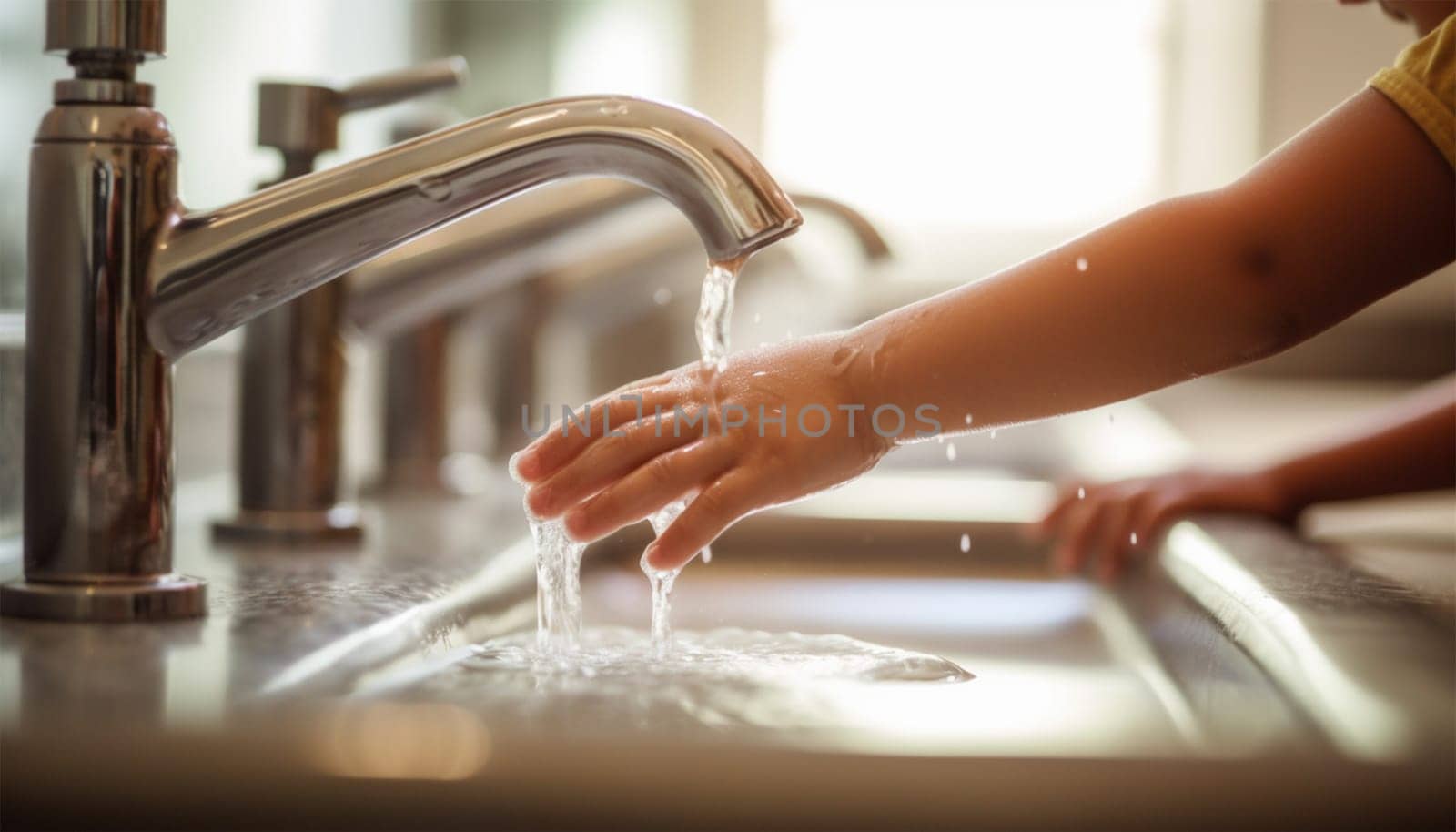 children's hands close-up. the child washes his hands with soap. hygiene, cleanliness and health.Generative AI