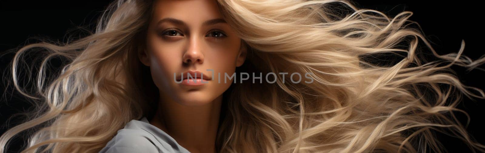 sensual portrait of a blonde with flying hair. banner or poster for a beauty salon.Generative AI